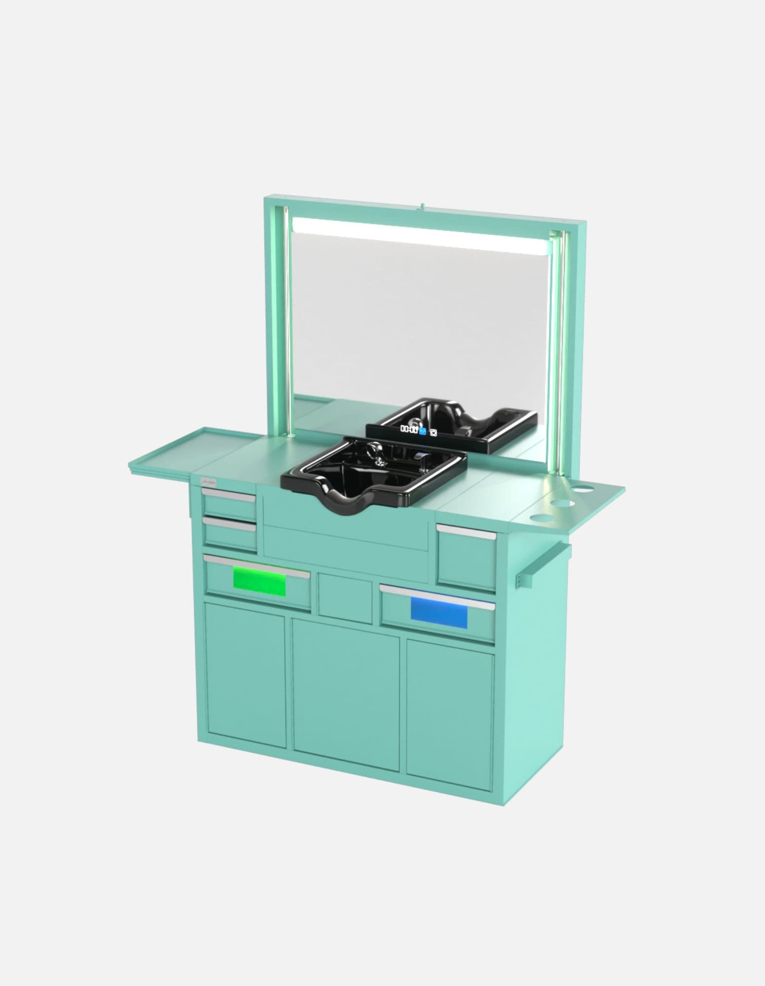 Barber Workstation "Evolution" – Workspace in Six Colors – UV Sterilization – Sink – Mirror with LED Lighting