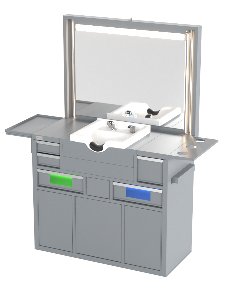 Berber Çalışma İstasyonu "Evolution" – Altı Renk Seçeneği ile Çalışma Alanı – UV Dezenfeksiyon – Lavabo – LED Işıklı Ayna