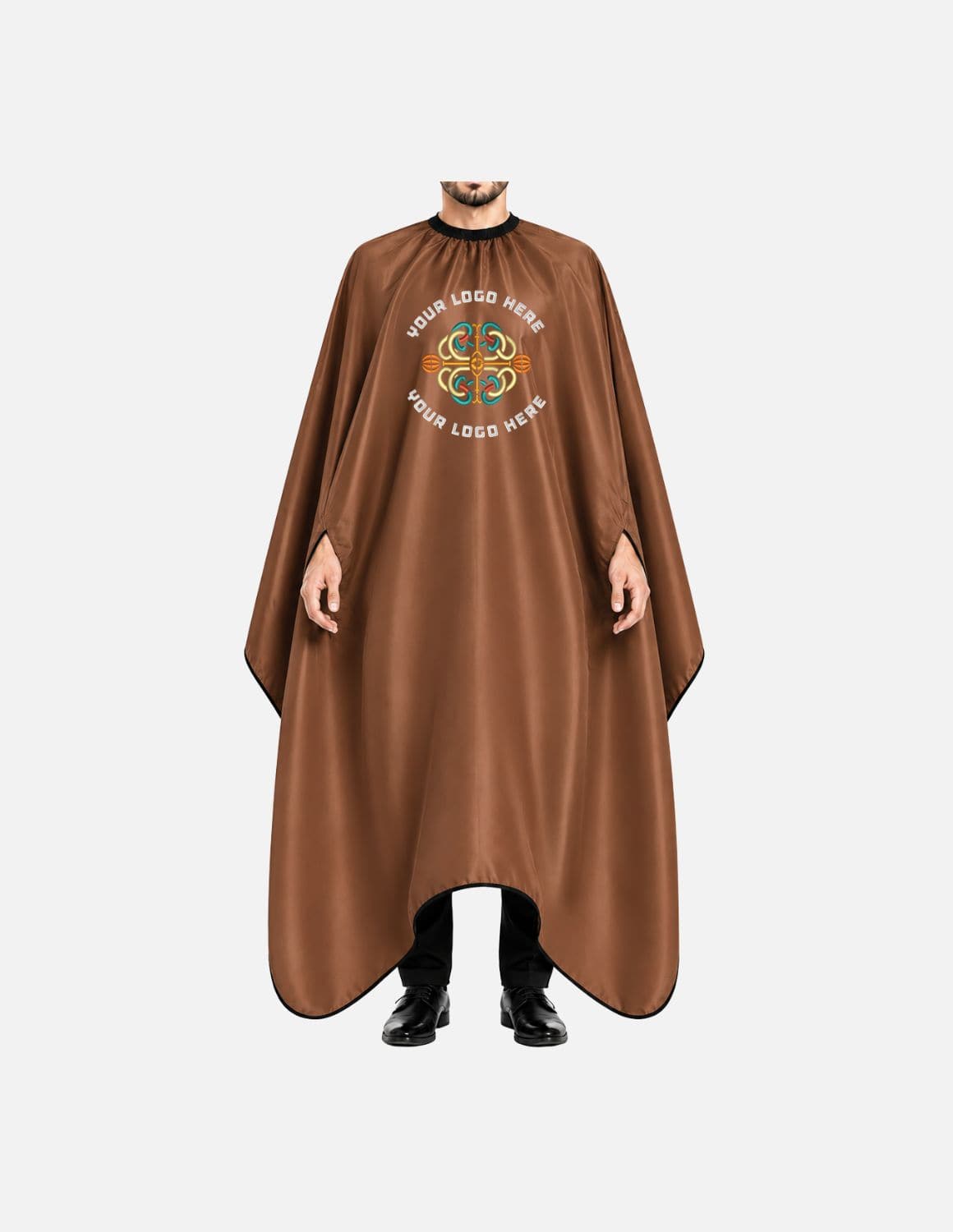 hands free cape with simple logo brown