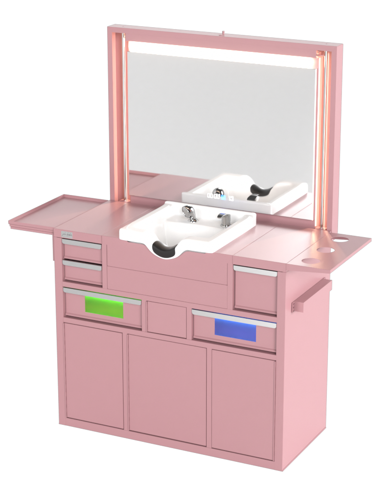 Berber Çalışma İstasyonu "Evolution" – Altı Renk Seçeneği ile Çalışma Alanı – UV Dezenfeksiyon – Lavabo – LED Işıklı Ayna