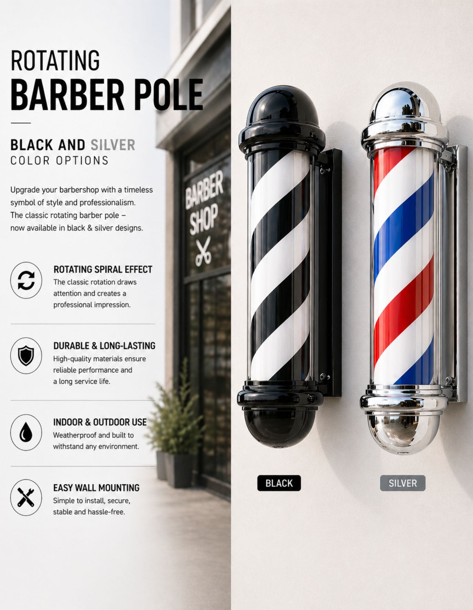 Rotující barber pole – černá a stříbrná