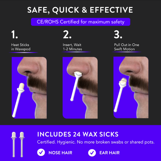 WaxxPod™ Nasenhaare- & Ohrenhaarentferner – USB-betriebenes Waxing-Kit mit 24 STIX