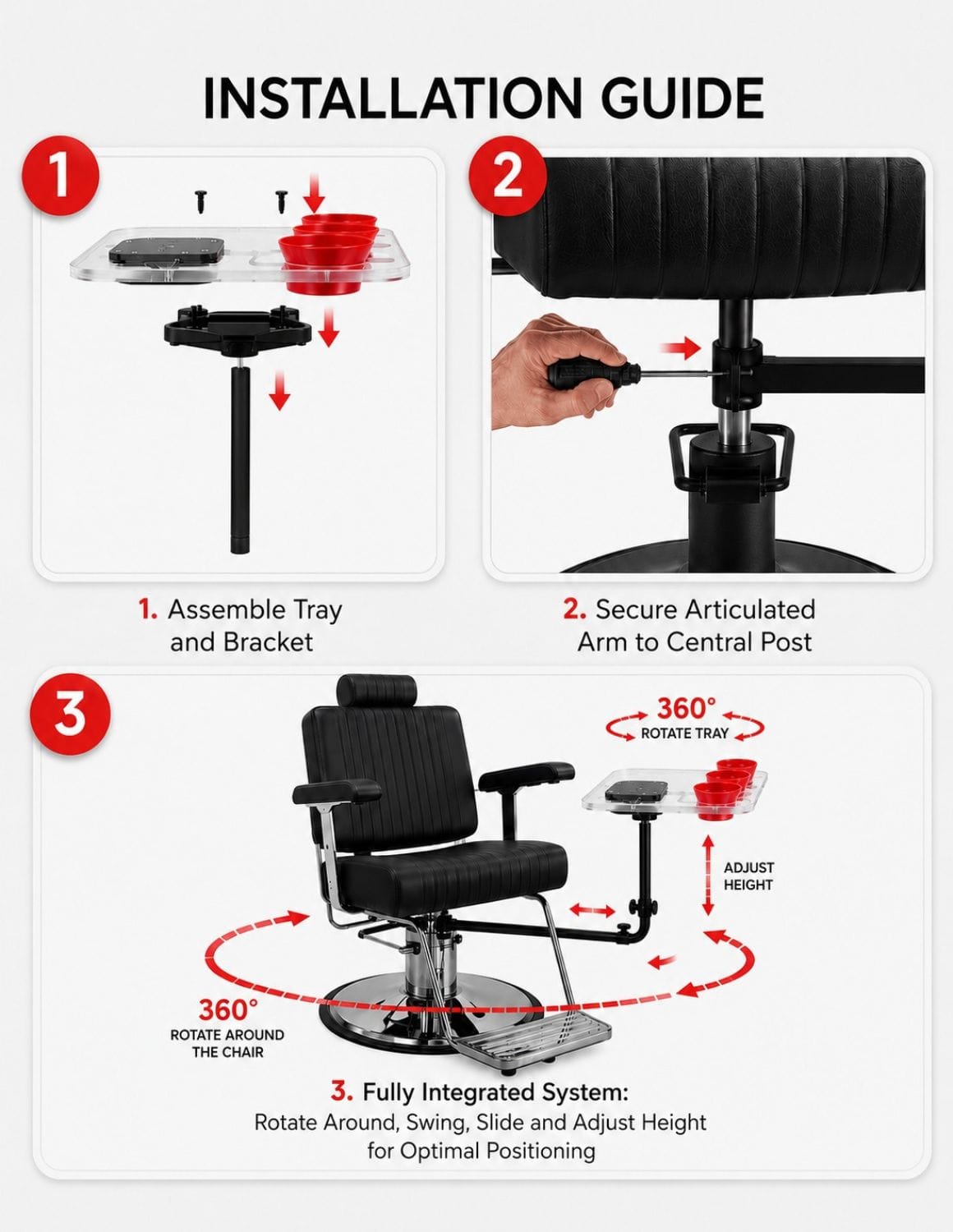 Rotierendes Tablett für Barber &- Friseurstühle Floating Tray Ablage Transparent mit drei mischschalen