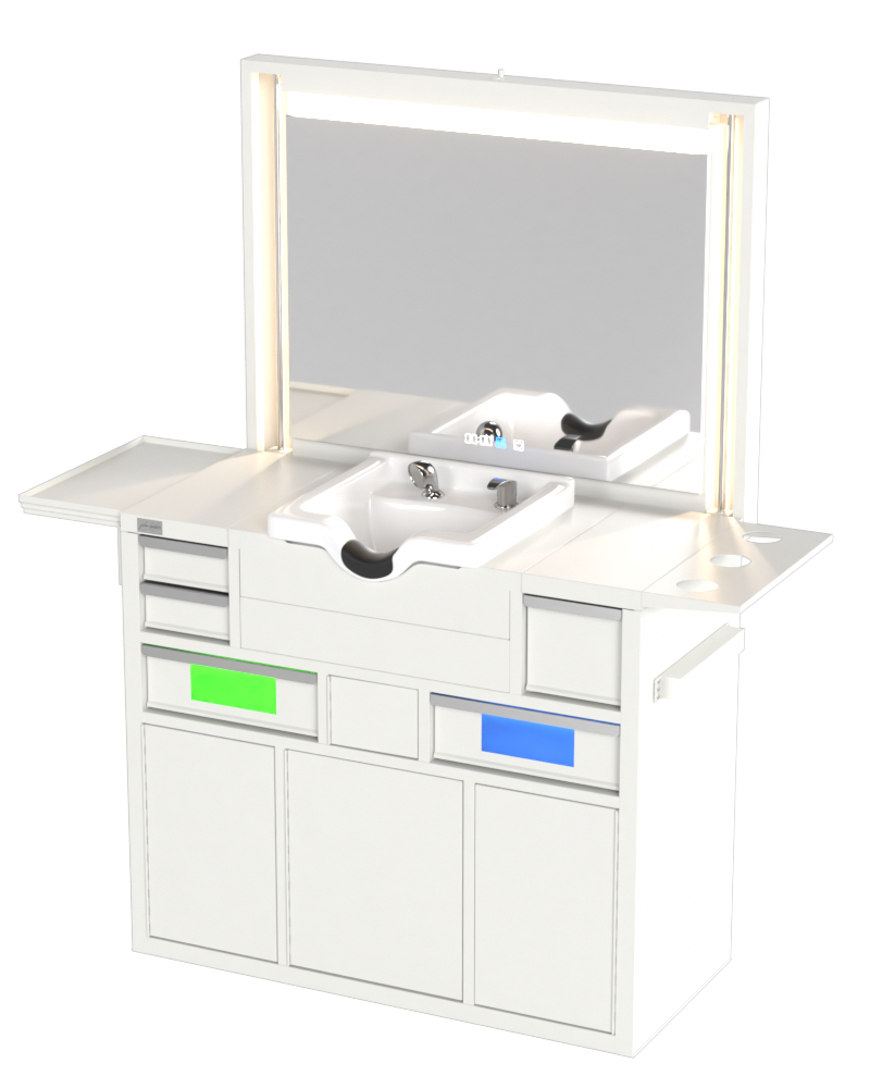 Berber Çalışma İstasyonu "Evolution" – Altı Renk Seçeneği ile Çalışma Alanı – UV Dezenfeksiyon – Lavabo – LED Işıklı Ayna