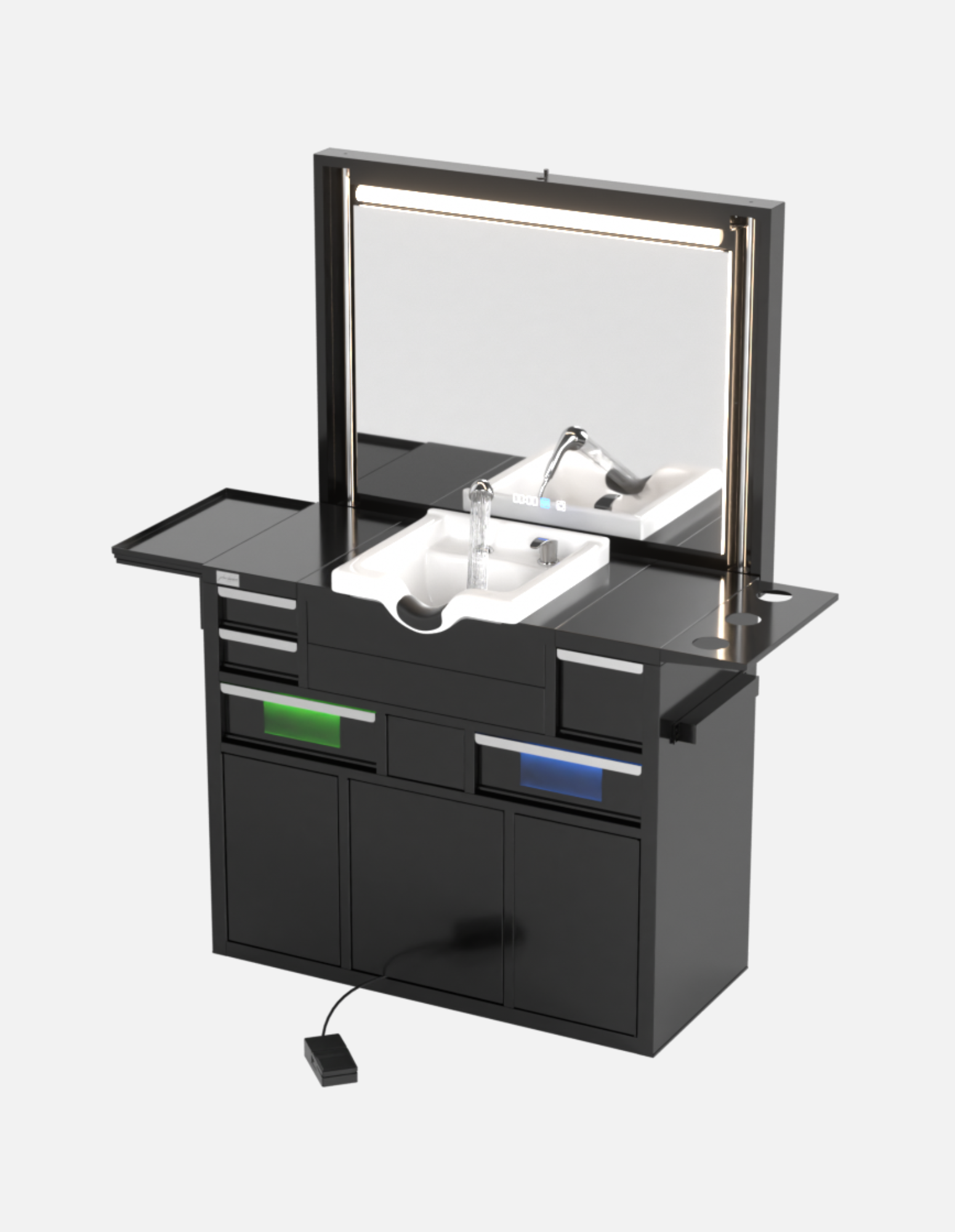 Berber Çalışma İstasyonu "Evolution" – Altı Renk Seçeneği ile Çalışma Alanı – UV Dezenfeksiyon – Lavabo – LED Işıklı Ayna