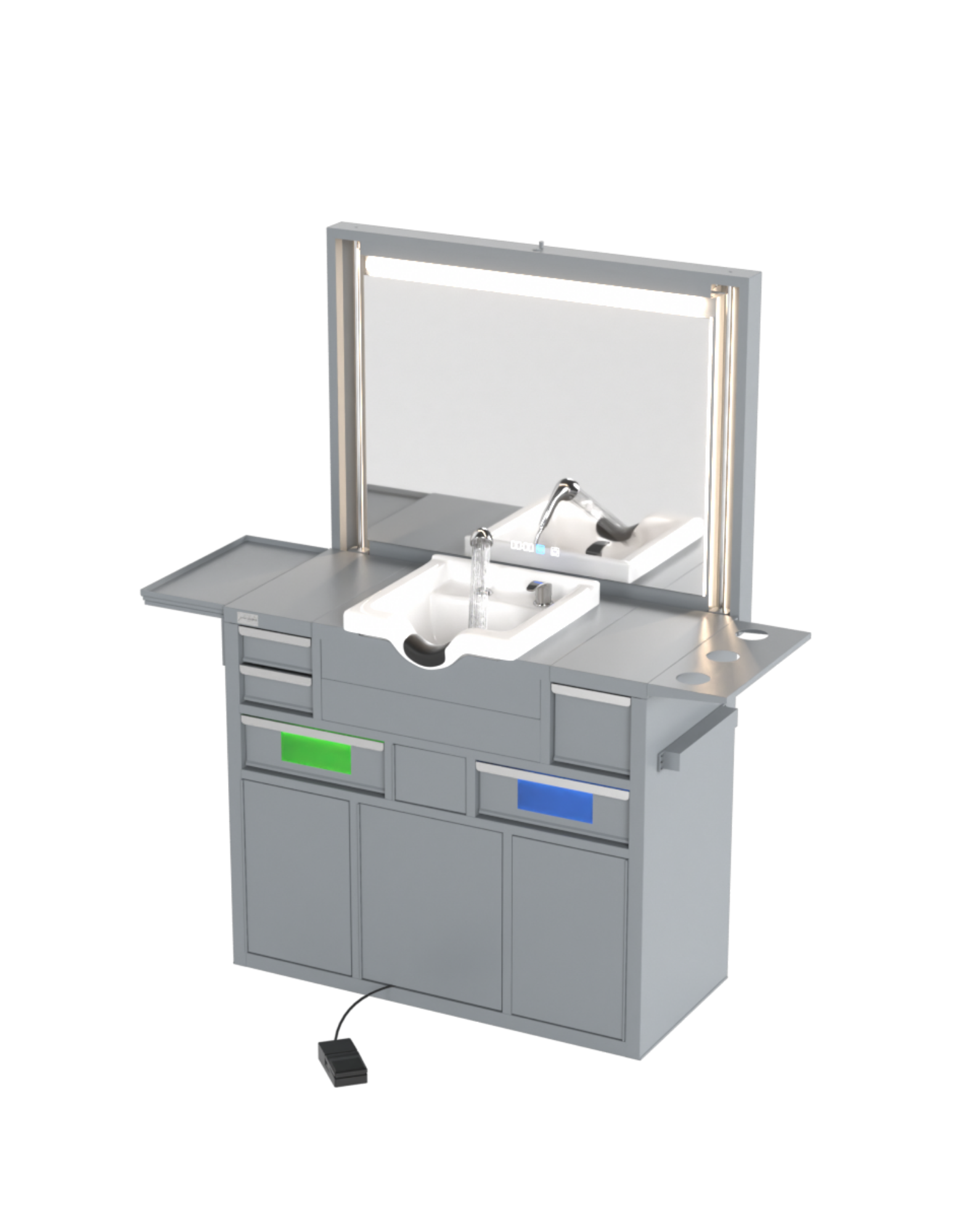 Berber Çalışma İstasyonu "Evolution" – Altı Renk Seçeneği ile Çalışma Alanı – UV Dezenfeksiyon – Lavabo – LED Işıklı Ayna