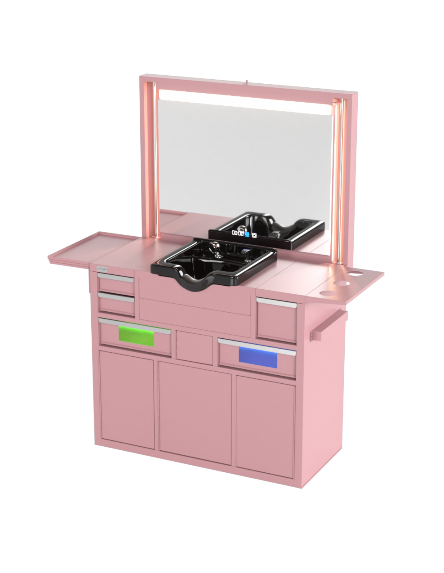 Berber Çalışma İstasyonu "Evolution" – Altı Renk Seçeneği ile Çalışma Alanı – UV Dezenfeksiyon – Lavabo – LED Işıklı Ayna