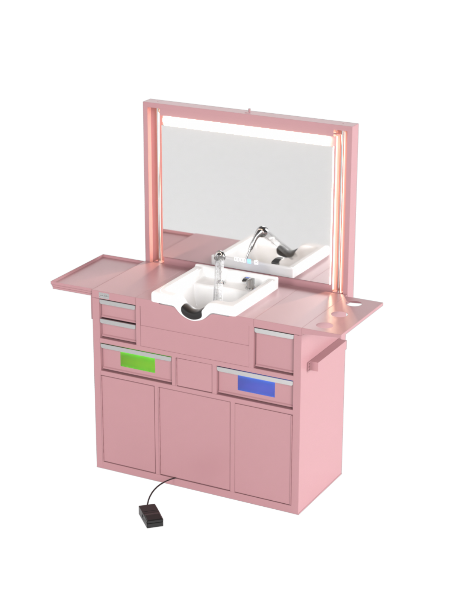 Berber Çalışma İstasyonu "Evolution" – Altı Renk Seçeneği ile Çalışma Alanı – UV Dezenfeksiyon – Lavabo – LED Işıklı Ayna