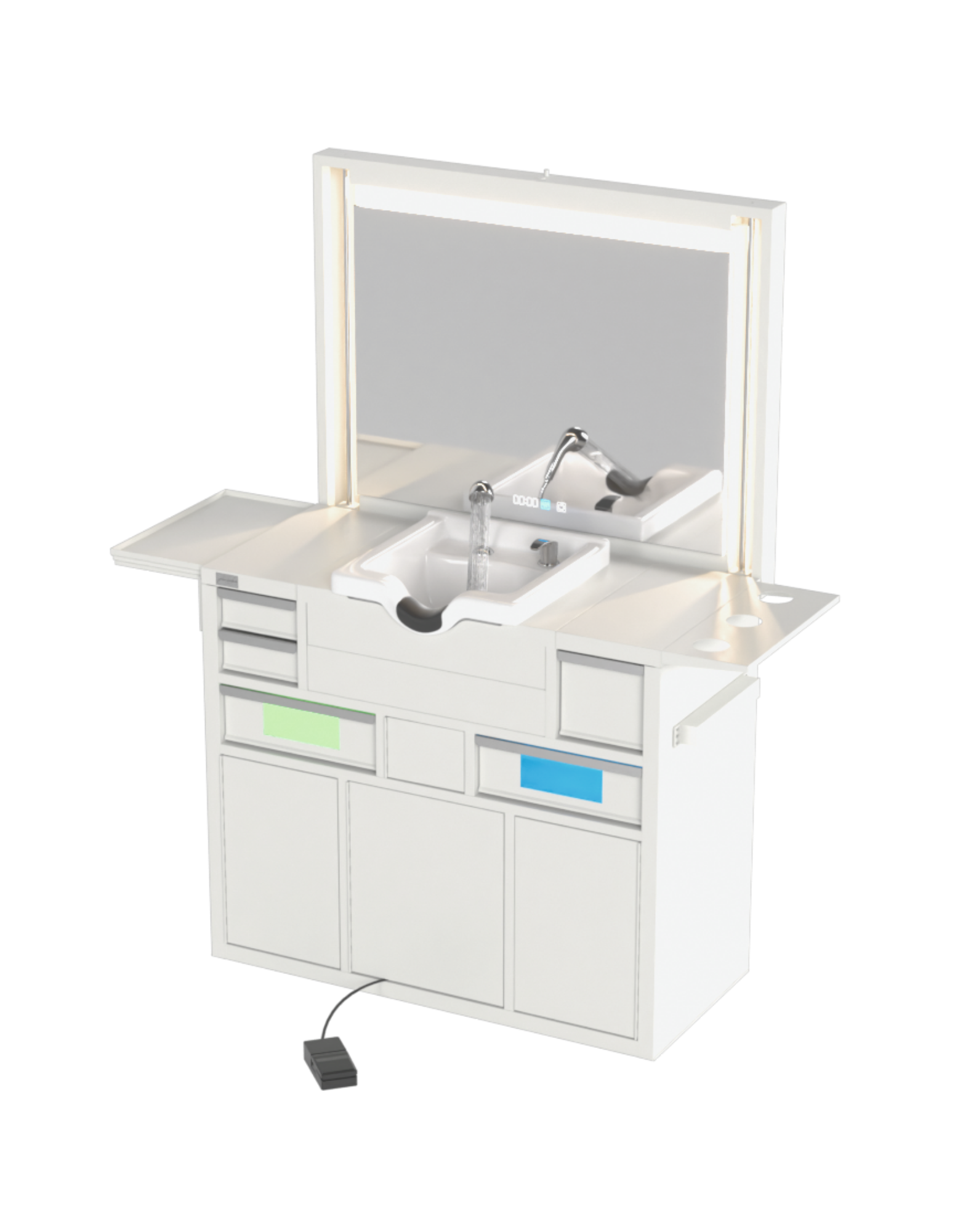 Berber Çalışma İstasyonu "Evolution" – Altı Renk Seçeneği ile Çalışma Alanı – UV Dezenfeksiyon – Lavabo – LED Işıklı Ayna