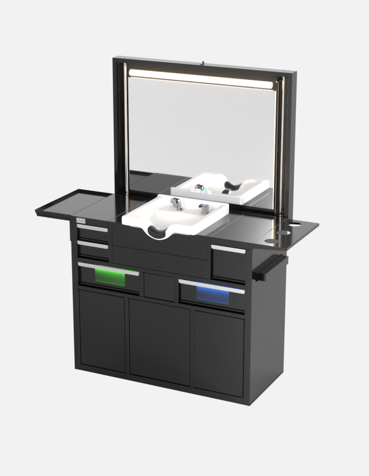 Berber Çalışma İstasyonu "Evolution" – Altı Renk Seçeneği ile Çalışma Alanı – UV Dezenfeksiyon – Lavabo – LED Işıklı Ayna