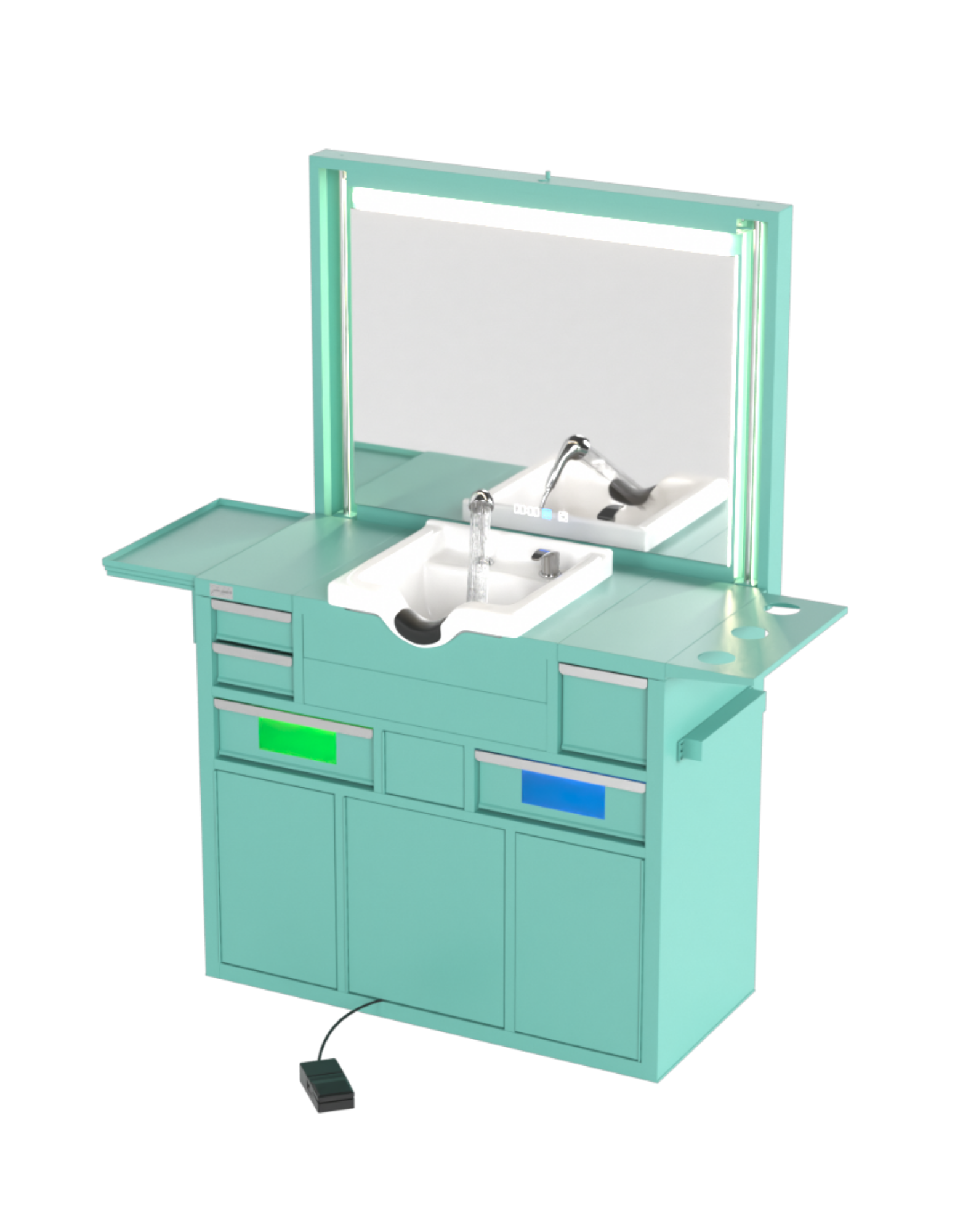 Berber Çalışma İstasyonu "Evolution" – Altı Renk Seçeneği ile Çalışma Alanı – UV Dezenfeksiyon – Lavabo – LED Işıklı Ayna