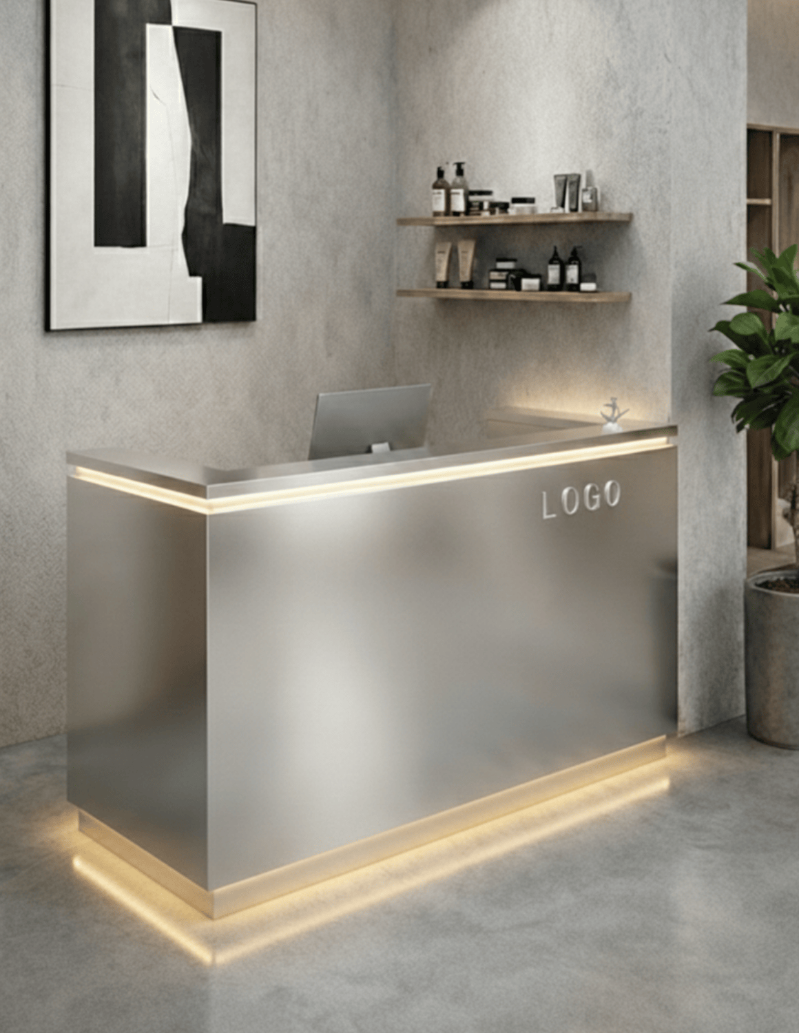 EDGE — Minimalist Aluminum Reception Counter for Barbershops, Hair Salons & Beauty Studios | Reception Desk & Reception Counter with LED Lighting & Logo Lettering