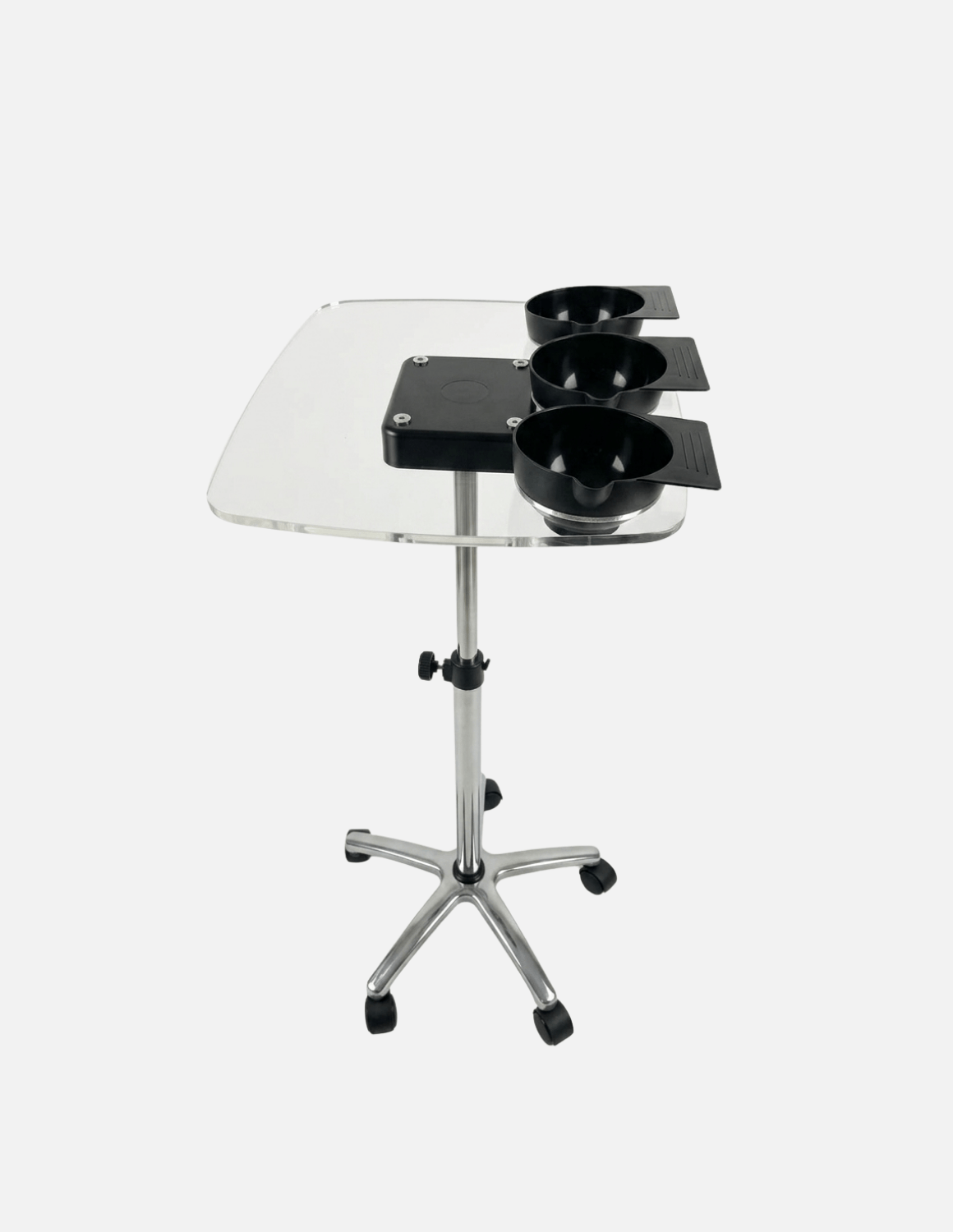 Transparent Tray Trolley for Barbers & Hairdressers – Height Adjustable with Mixing Bowls and Aluminum Base