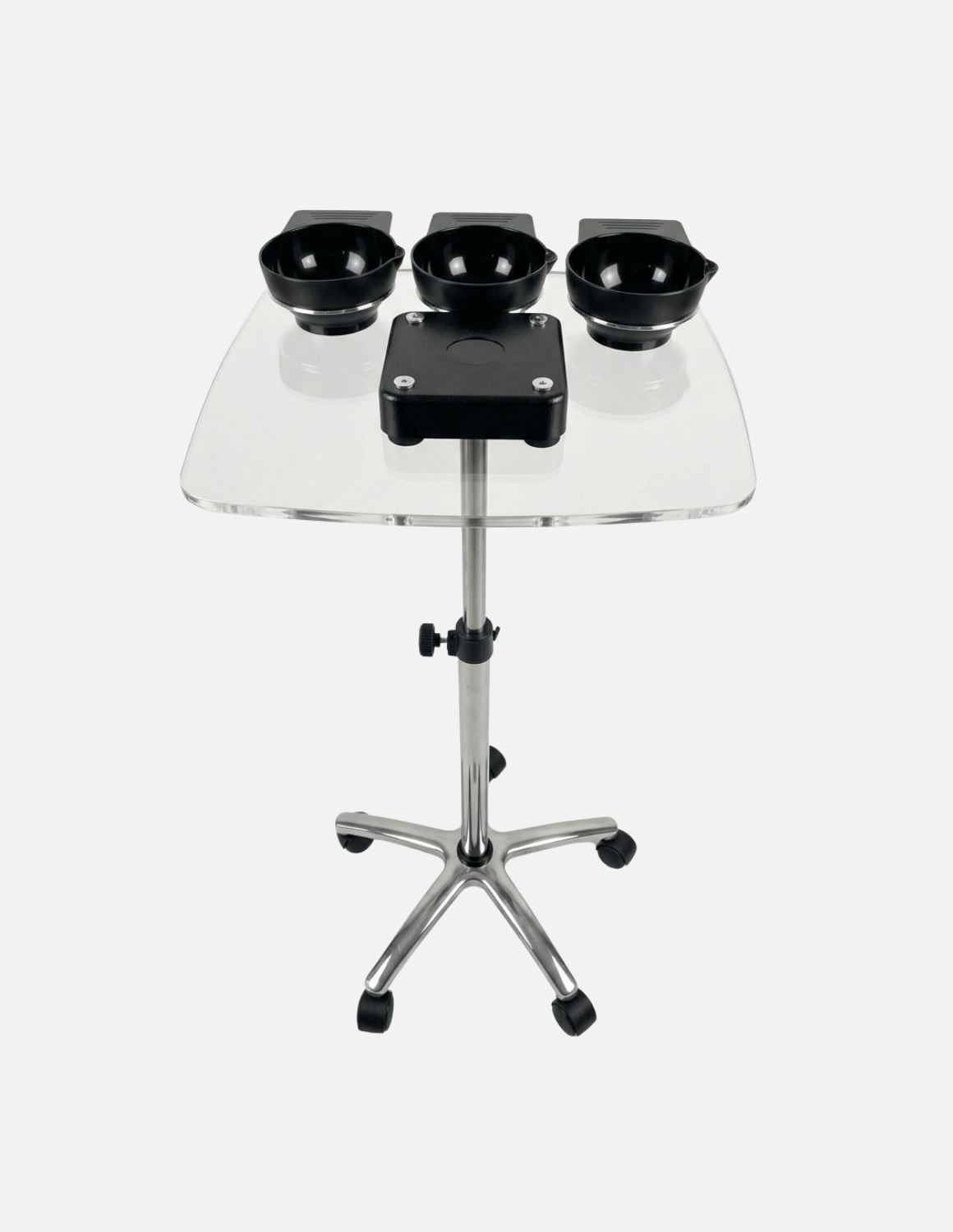 Transparent Tray Trolley for Barbers & Hairdressers – Height Adjustable with Mixing Bowls and Aluminum Base