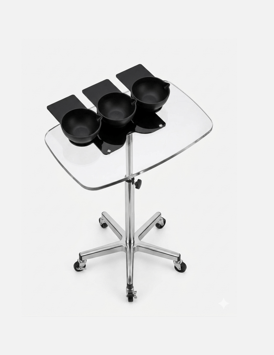 Transparent Tray Trolley for Barbers & Hairdressers – Height Adjustable with Mixing Bowls and Aluminum Base