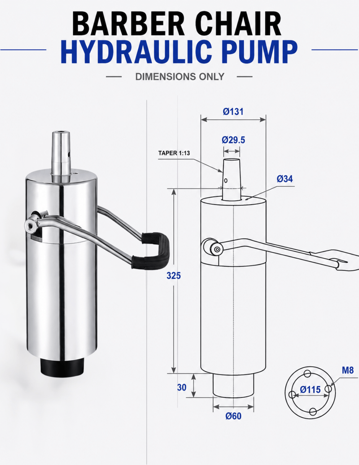 Pompe hydraulique pour fauteuils de barbier et de coiffure | Vérin hydraulique de remplacement universel avec course de 175 mm