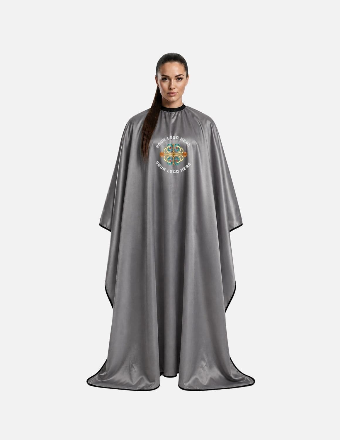 Premium satinbarberkappa med sidenlook – Broderad med din logotyp | Frisörkappa & satinkappa