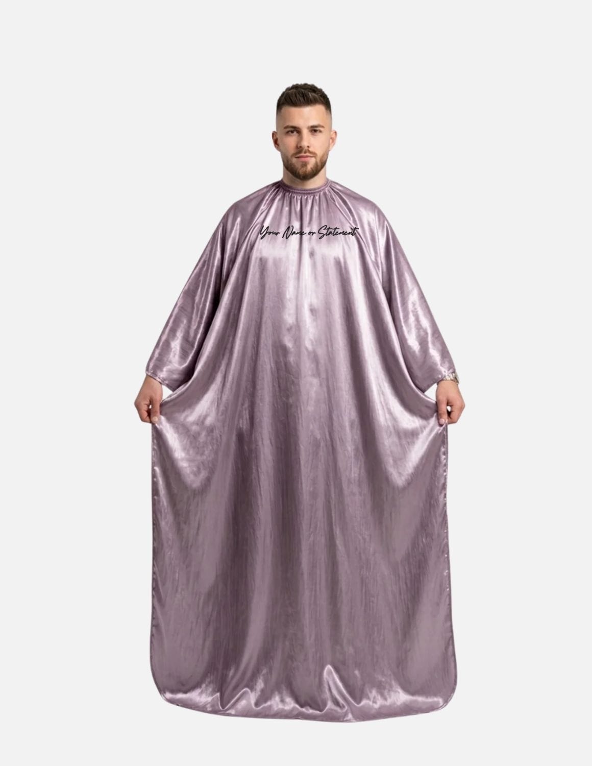 Premium satinbarberkappa med kimono-armöppningar och sidenlook – Broderad med din logotyp | Frisörkappa & satinkappa
