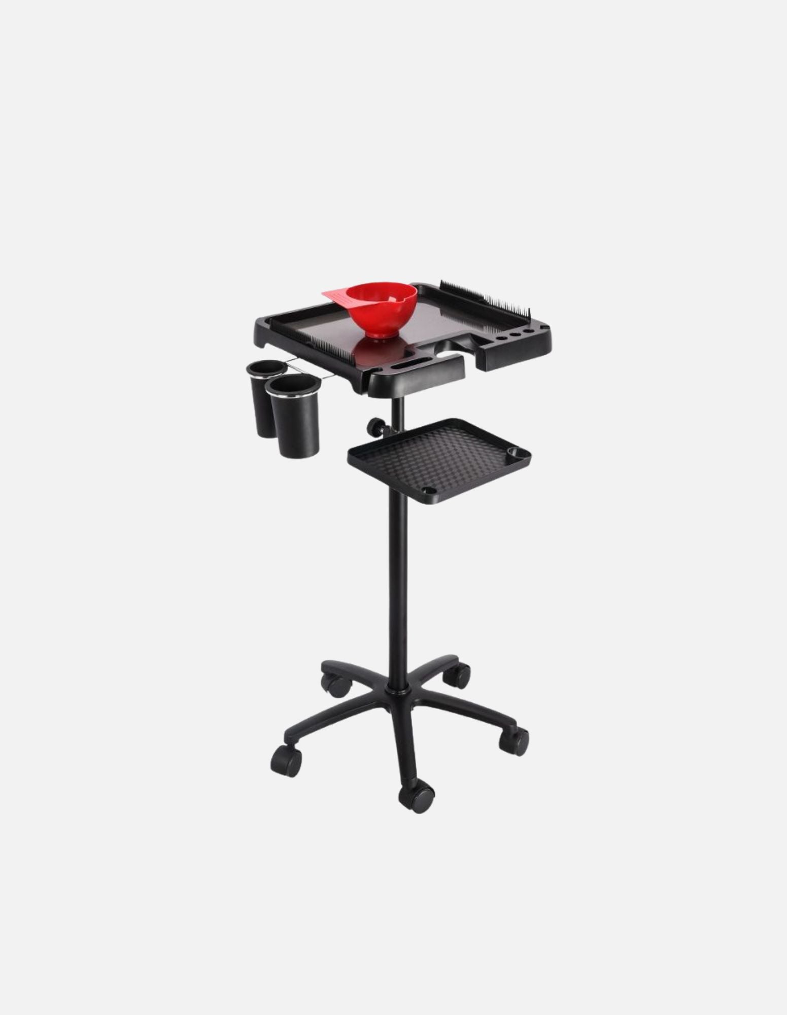 Premium plastična postaja za barvanje – Black Edition z aluminijastim podstavkom nastavljive višine – mobilna delovna postaja za salone in barber shope