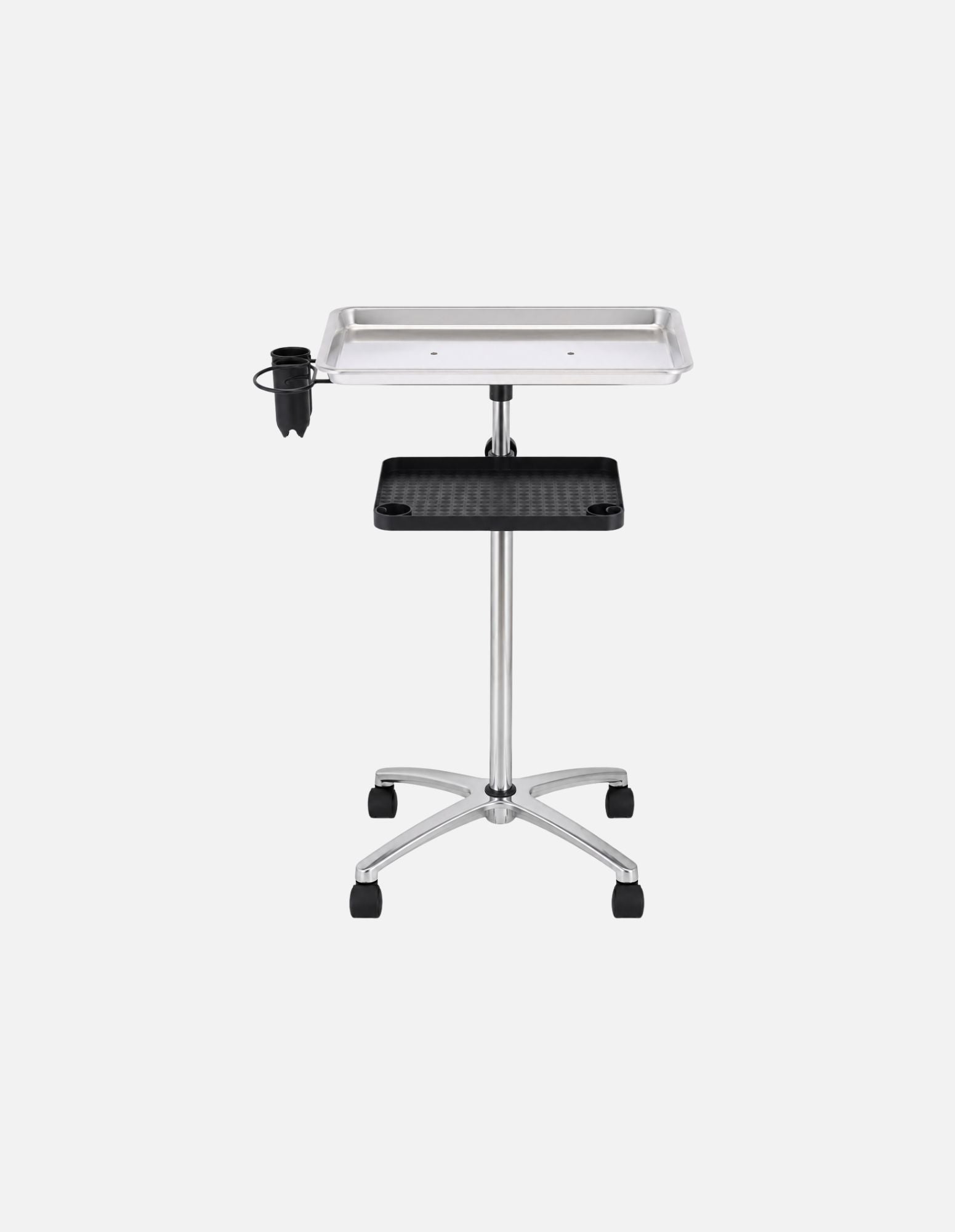 Premium Aluminum Service Tray Station – Silver Edition z aluminijastim podstavkom nastavljive višine – mobilna delovna postaja za salone in barber shope