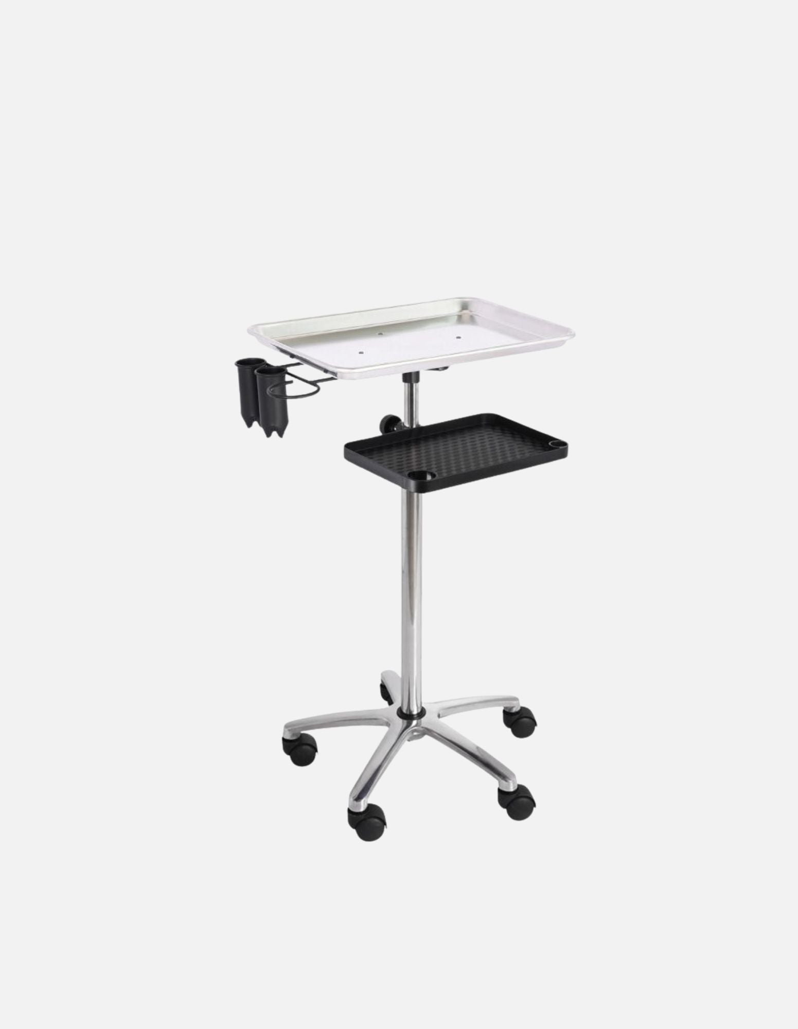 Premium Aluminum Service Tray Station – Silver Edition z aluminijastim podstavkom nastavljive višine – mobilna delovna postaja za salone in barber shope