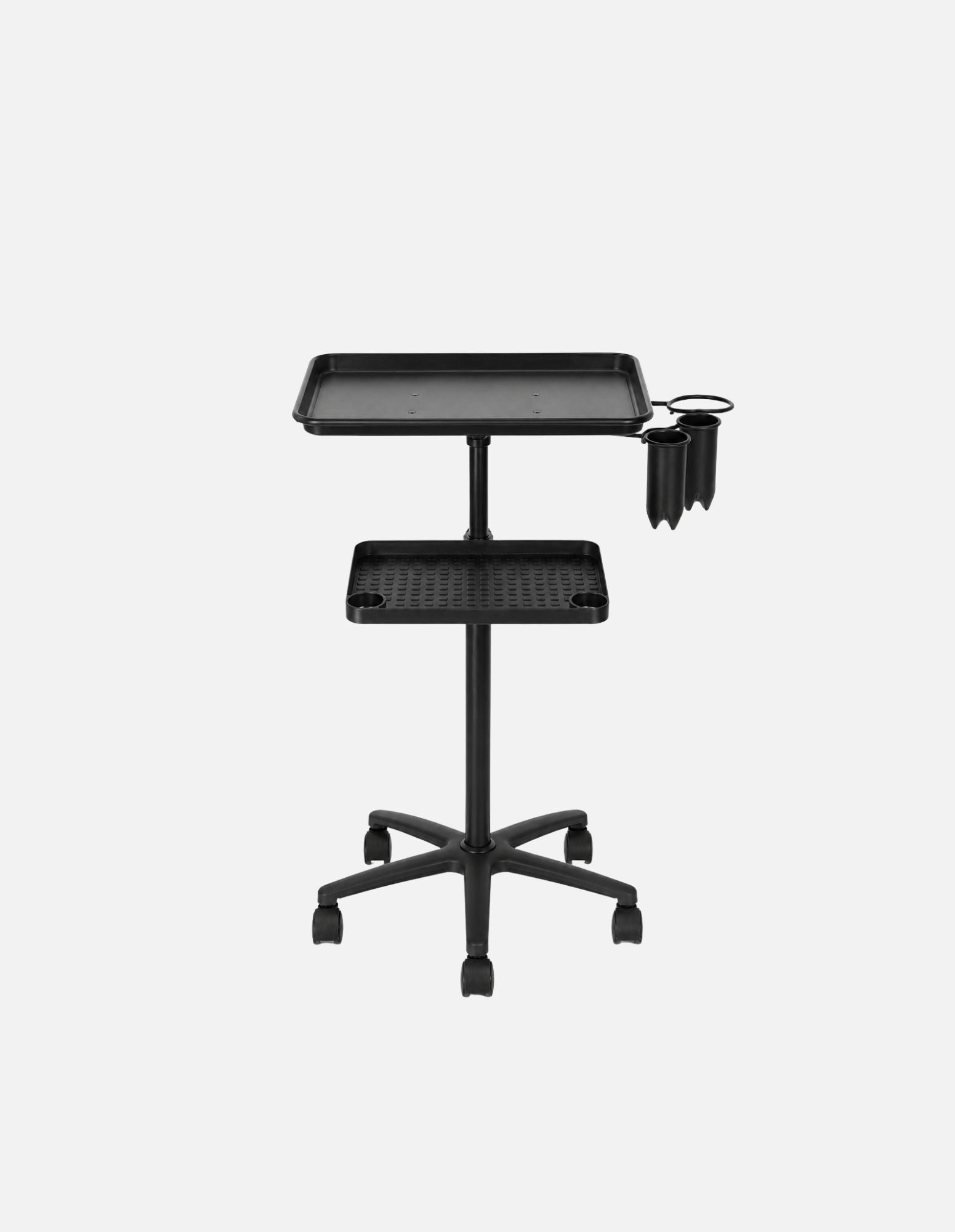 Premium Aluminum Service Tray Station – Black Edition z aluminijastim podstavkom nastavljive višine – mobilna delovna postaja za salone in barber shope