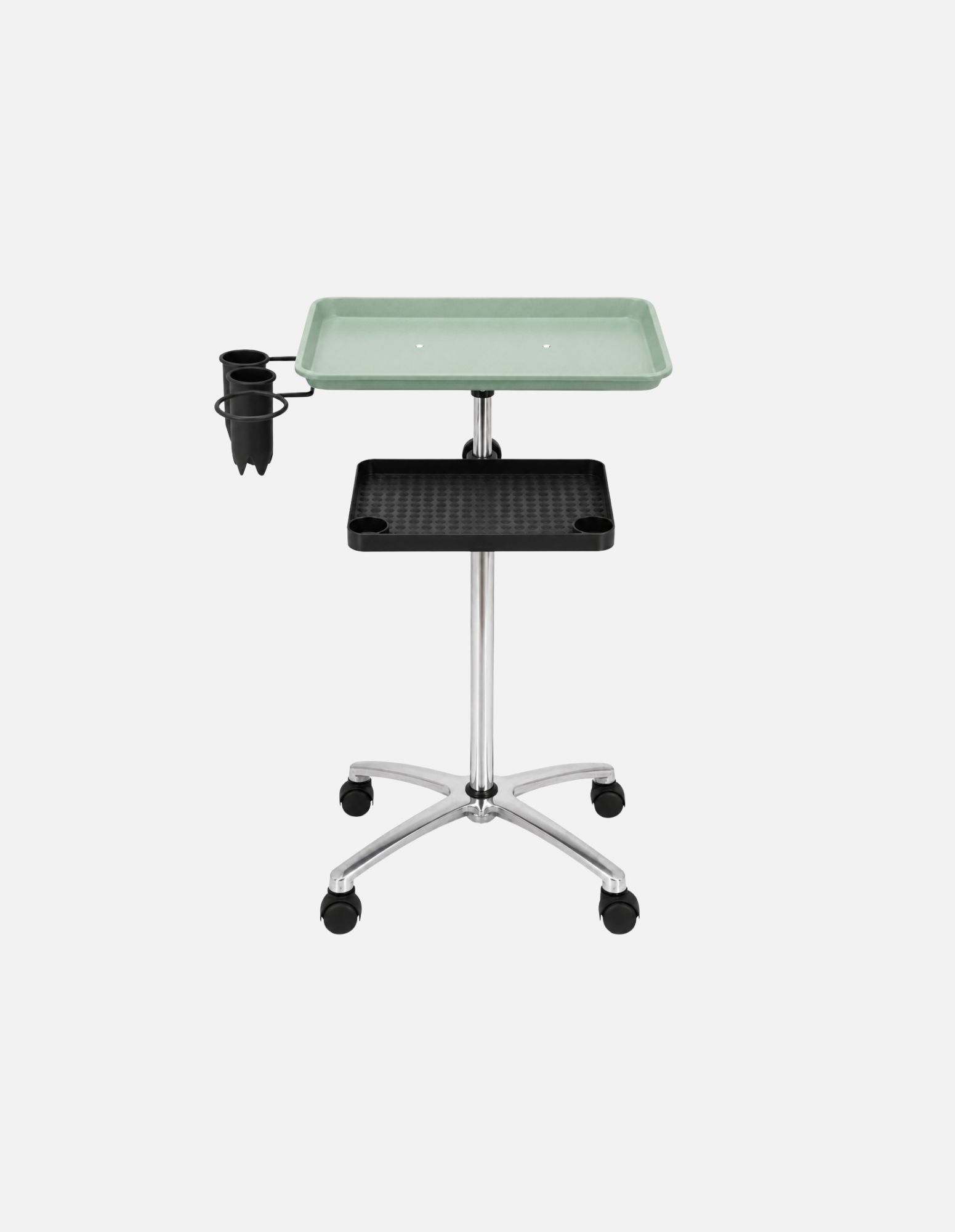 Premium Aluminum Service Tray Station – Mint Green Edition z višinsko nastavljivim aluminijastim podstavkom – mobilna delovna postaja za salone in barber shope