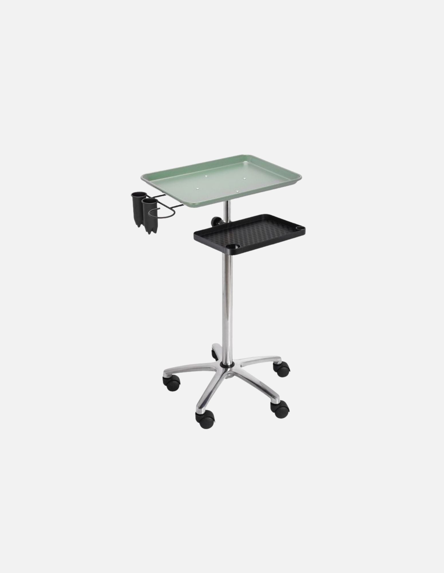 Premium Aluminum Service Tray Station – Mint Green Edition z višinsko nastavljivim aluminijastim podstavkom – mobilna delovna postaja za salone in barber shope
