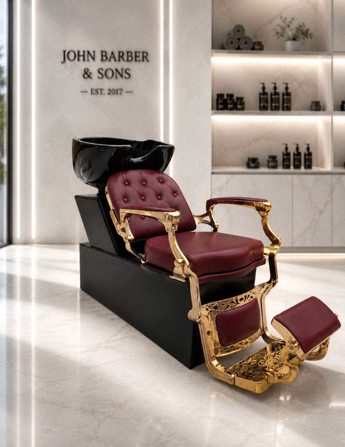 Poltrona lavatesta Barber personalizzata con lavabo in ceramica nera | Unità lavaggio di lusso personalizzata per barber shop e saloni professionali