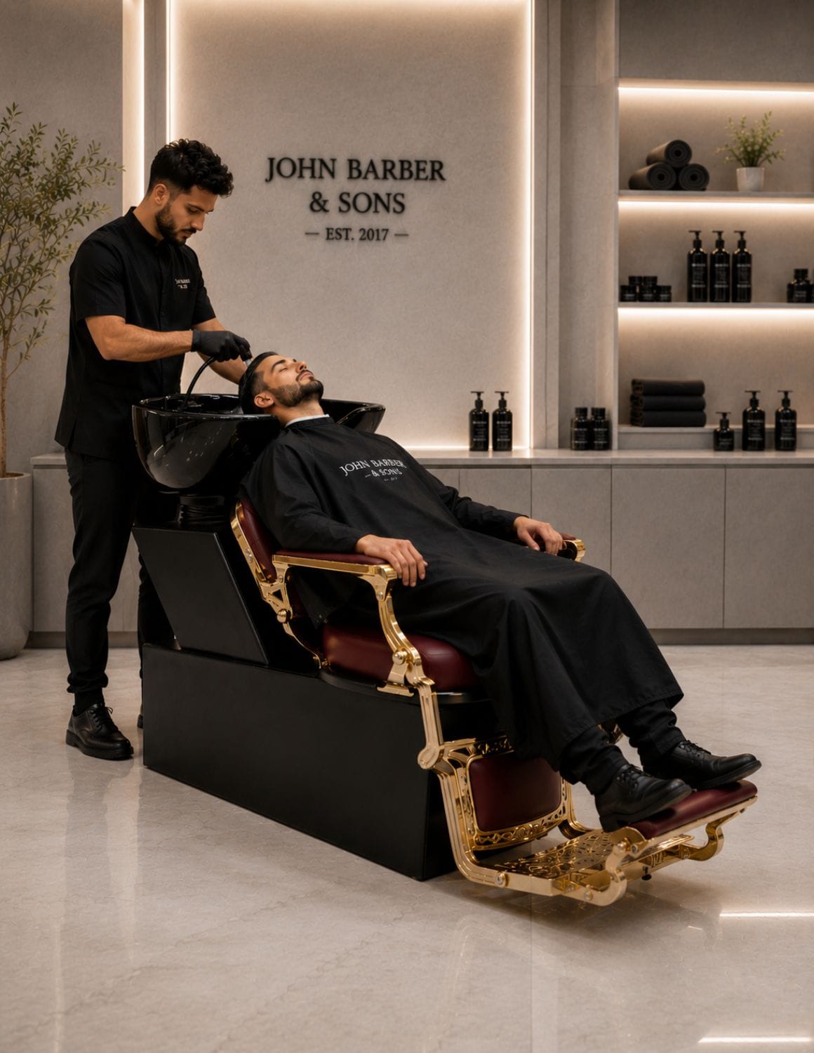 Poltrona lavatesta Barber personalizzata con lavabo in ceramica nera | Unità lavaggio di lusso personalizzata per barber shop e saloni professionali