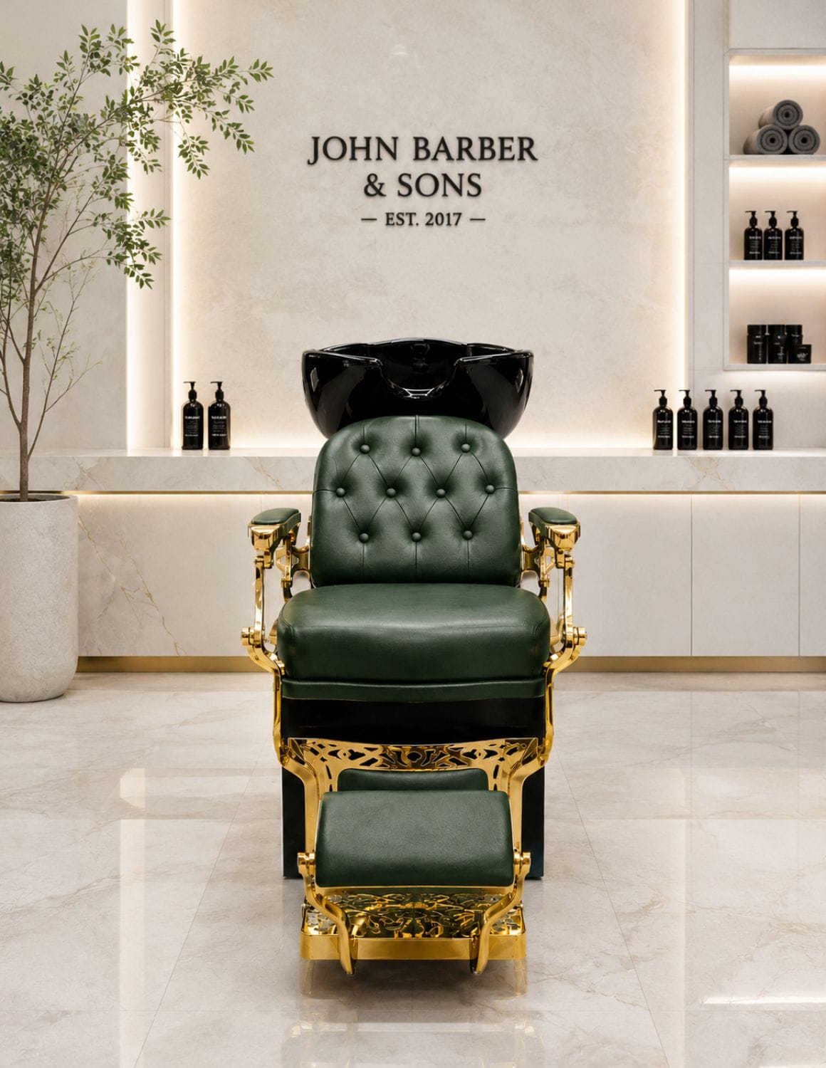 Poltrona lavatesta Barber personalizzata con lavabo in ceramica nera | Unità lavaggio di lusso personalizzata per barber shop e saloni professionali