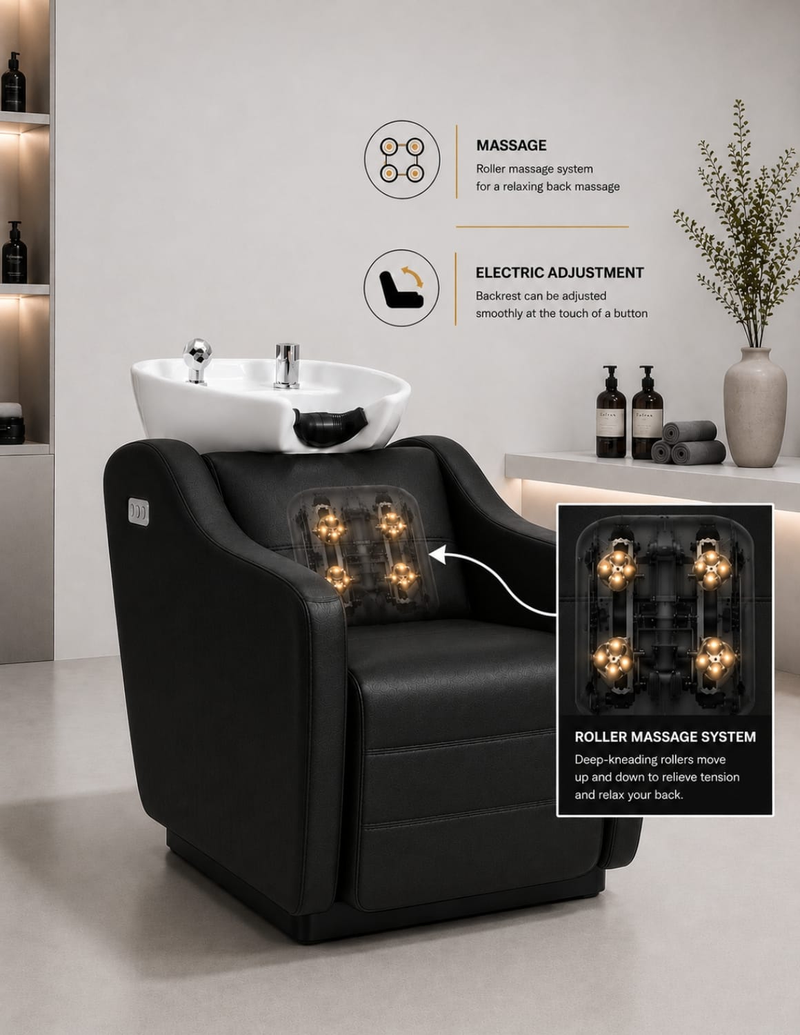 Harmony — Zwarte kapperswastoel met elektrische rugleuning en massagefunctie | Achterwaartse wasbak & wasunit voor kapsalons, barbershops en spa’s