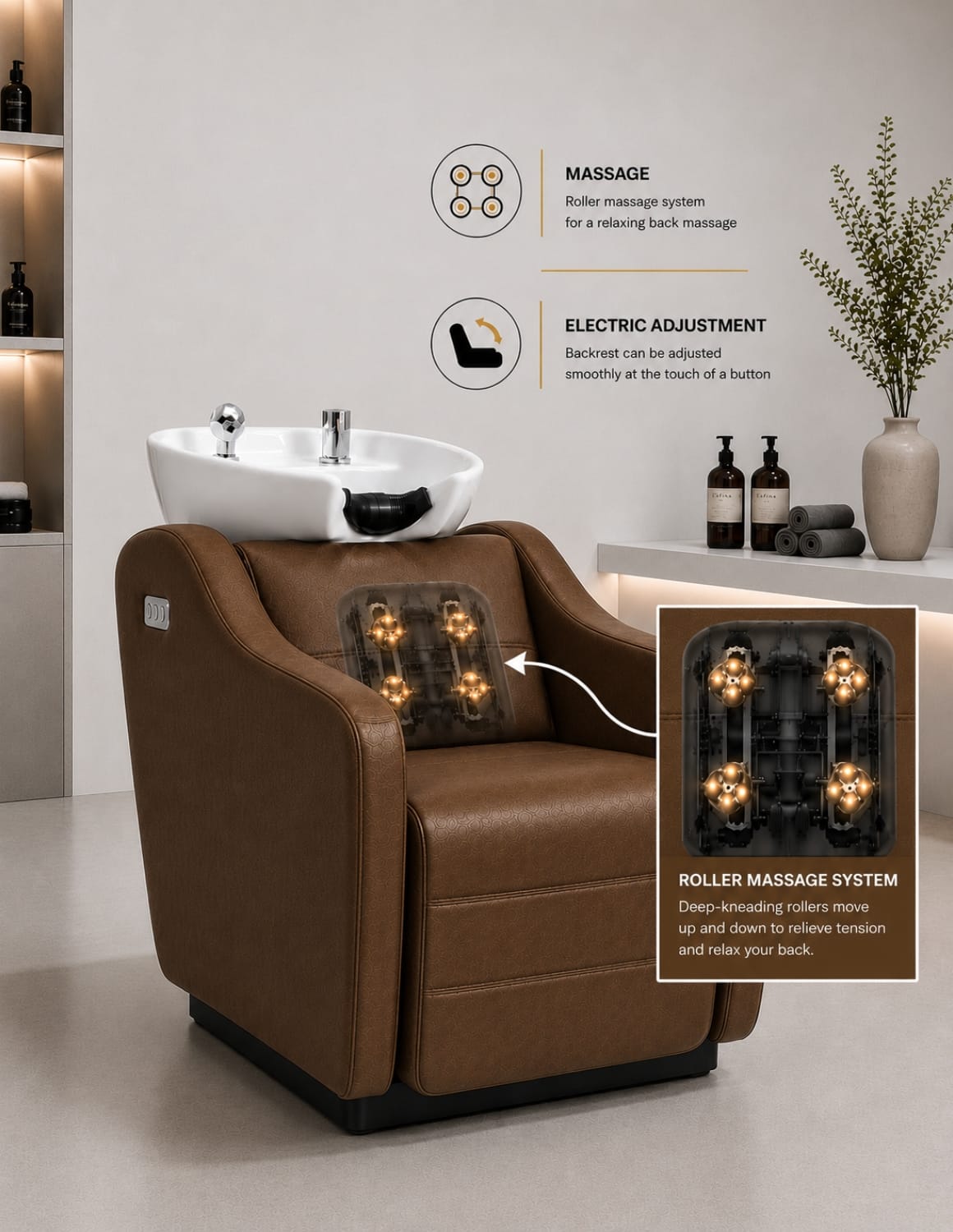 Harmony Bruin Professionele Unisex Wasunit | Elektrische Achterover Wasunit met Elektrisch Verstelbare Rugleuning en Rollenmassagesysteem voor Kapsalons & Barbershops
