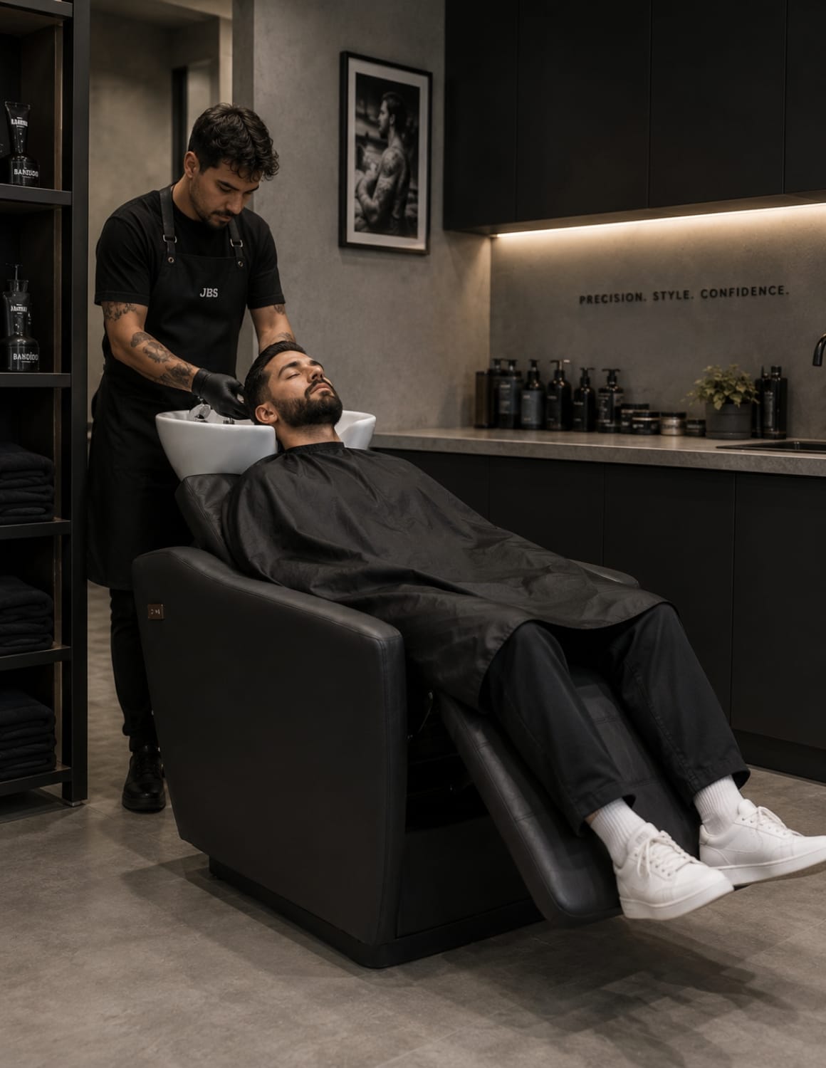 Harmony — Zwarte kapperswastoel met elektrische rugleuning en massagefunctie | Achterwaartse wasbak & wasunit voor kapsalons, barbershops en spa’s