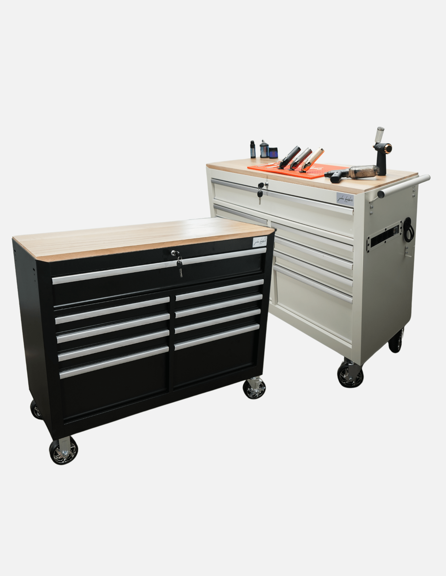 BARBER TROLLEY PRO XL IN ZWART-WIT - UV-STERILISATIE - HOUTEN WERKBLADEN - INGEBOUWDE STOPCONTACT