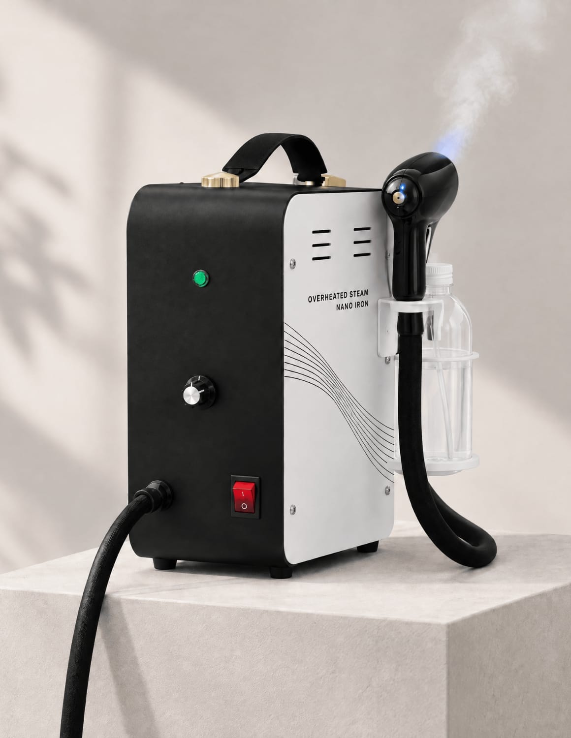JBS Overheat Pro Steamer product image with visible white steam and subtle Nano Blue Light at the handpiece