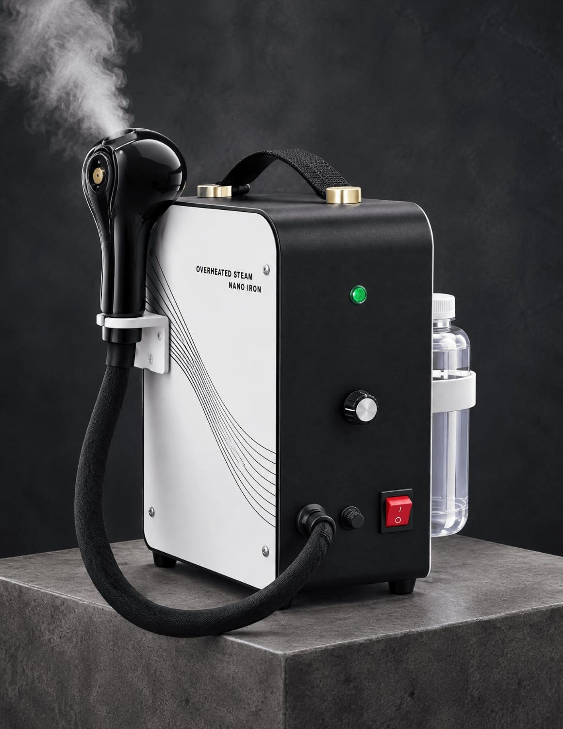 Overheated dry steam barber and salon steamer machine in dark studio with steam on