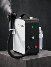 Overheated dry steam barber and salon steamer machine in dark studio with steam on