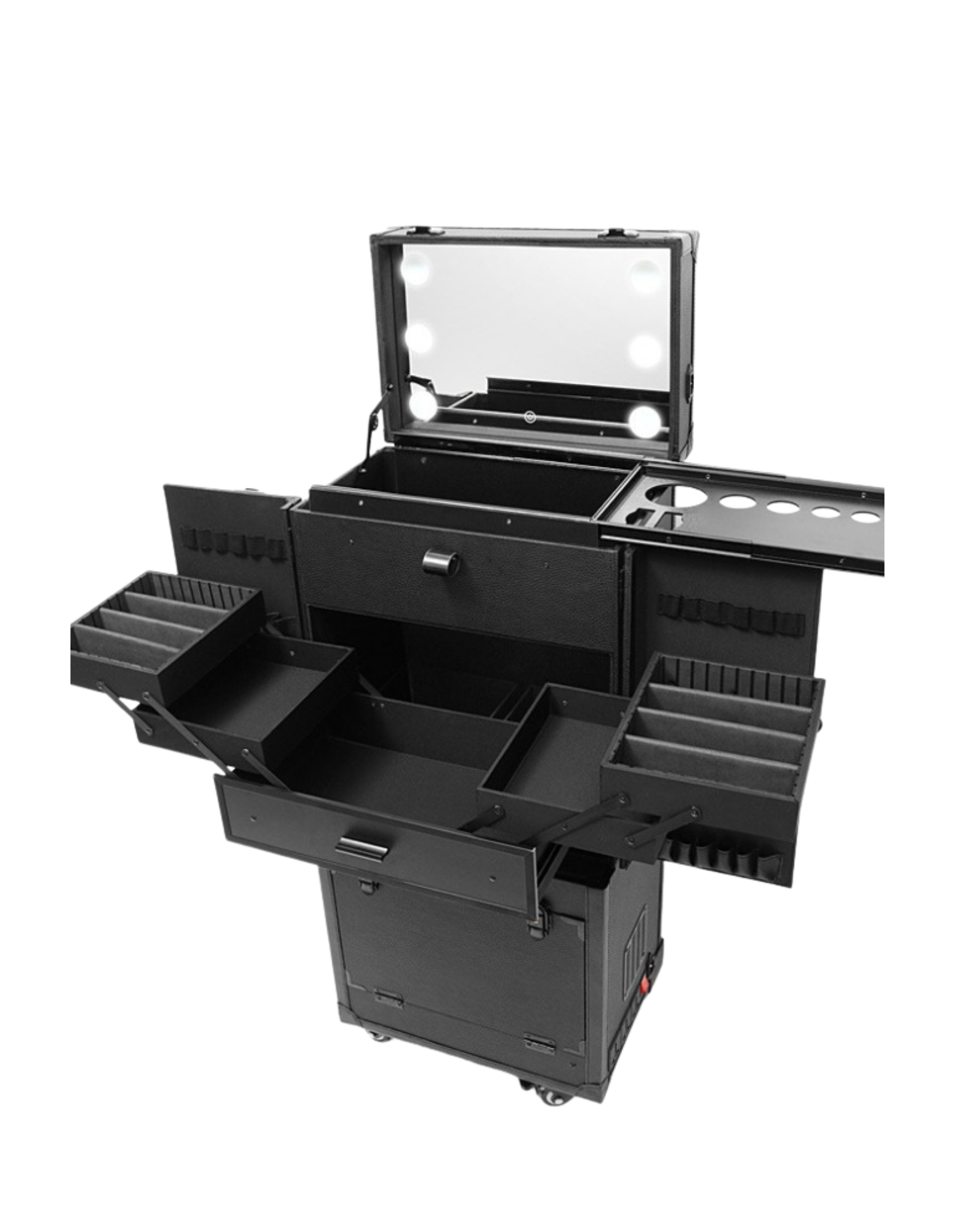 Mobilní barber a kadeřnický vozík s LED zrcadlem a napájecí stanicí