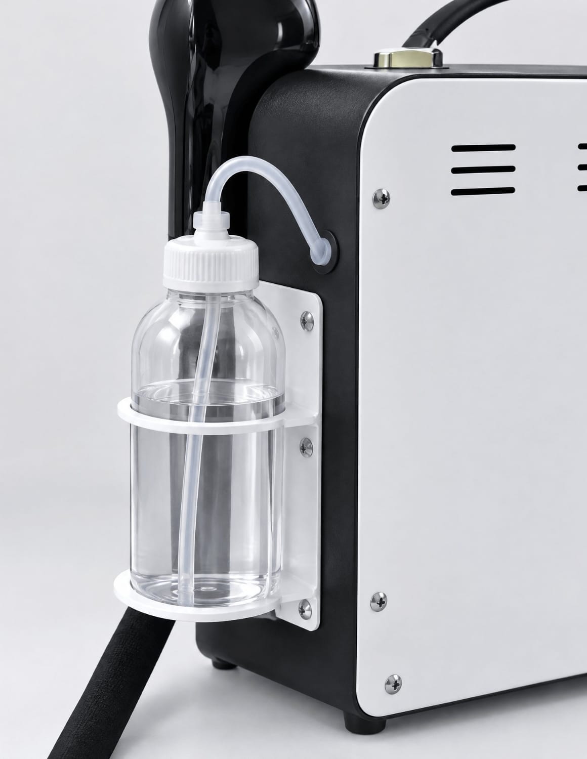 External bottle system on professional overheated steam device with no tank to clean