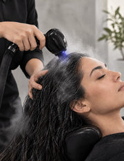 Professional hair and scalp steam treatment with subtle Nano Blue Light for deep conditioning