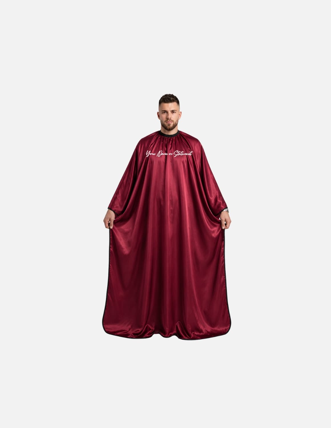 Premium satinbarberkappa med kimono-armöppningar och sidenlook – Broderad med din logotyp | Frisörkappa & satinkappa