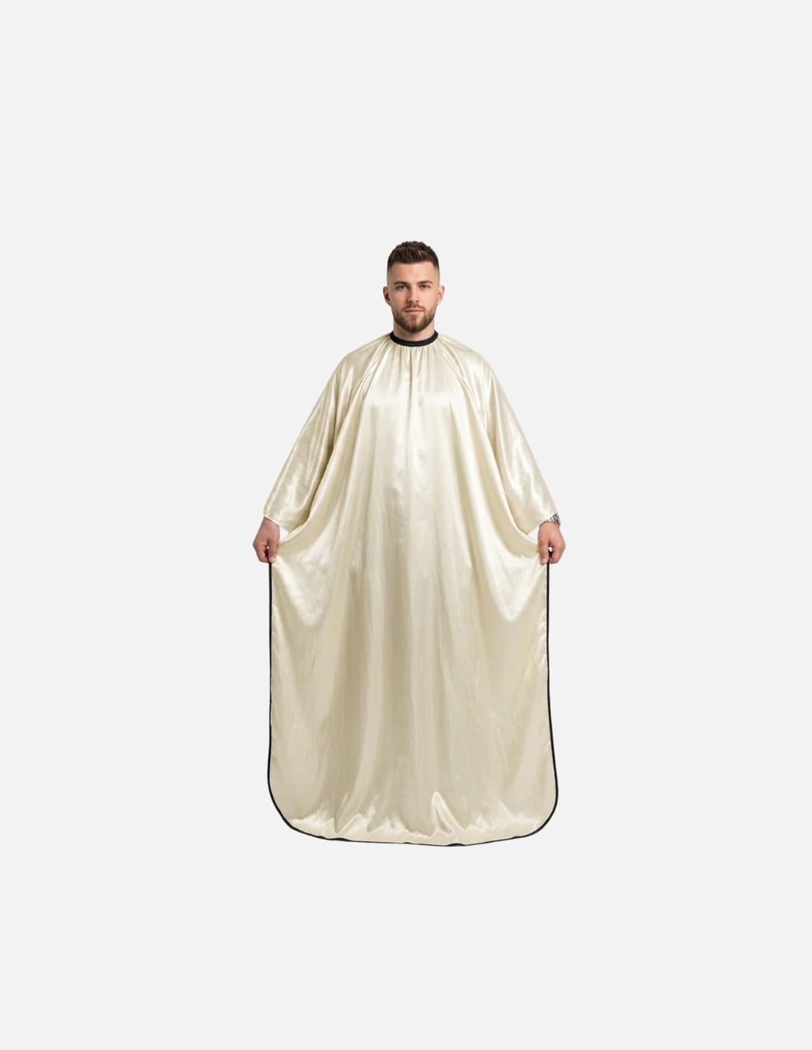 Premium satinbarberkappa med kimono-armöppningar och sidenlook – Utan logotyp | Frisörkappa & satinkappa