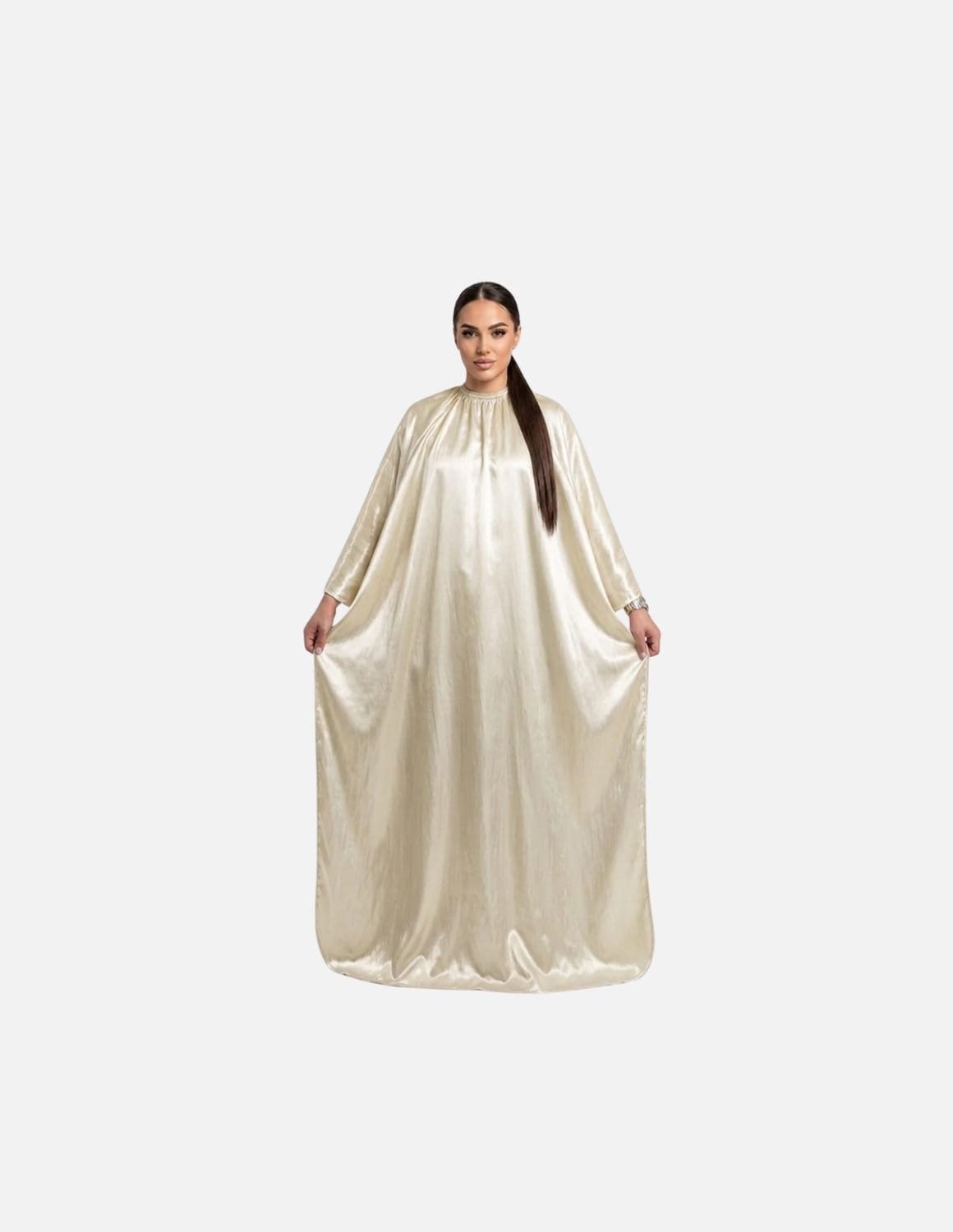 Premium satinbarberkappa med kimono-armöppningar och sidenlook – Utan logotyp | Frisörkappa & satinkappa