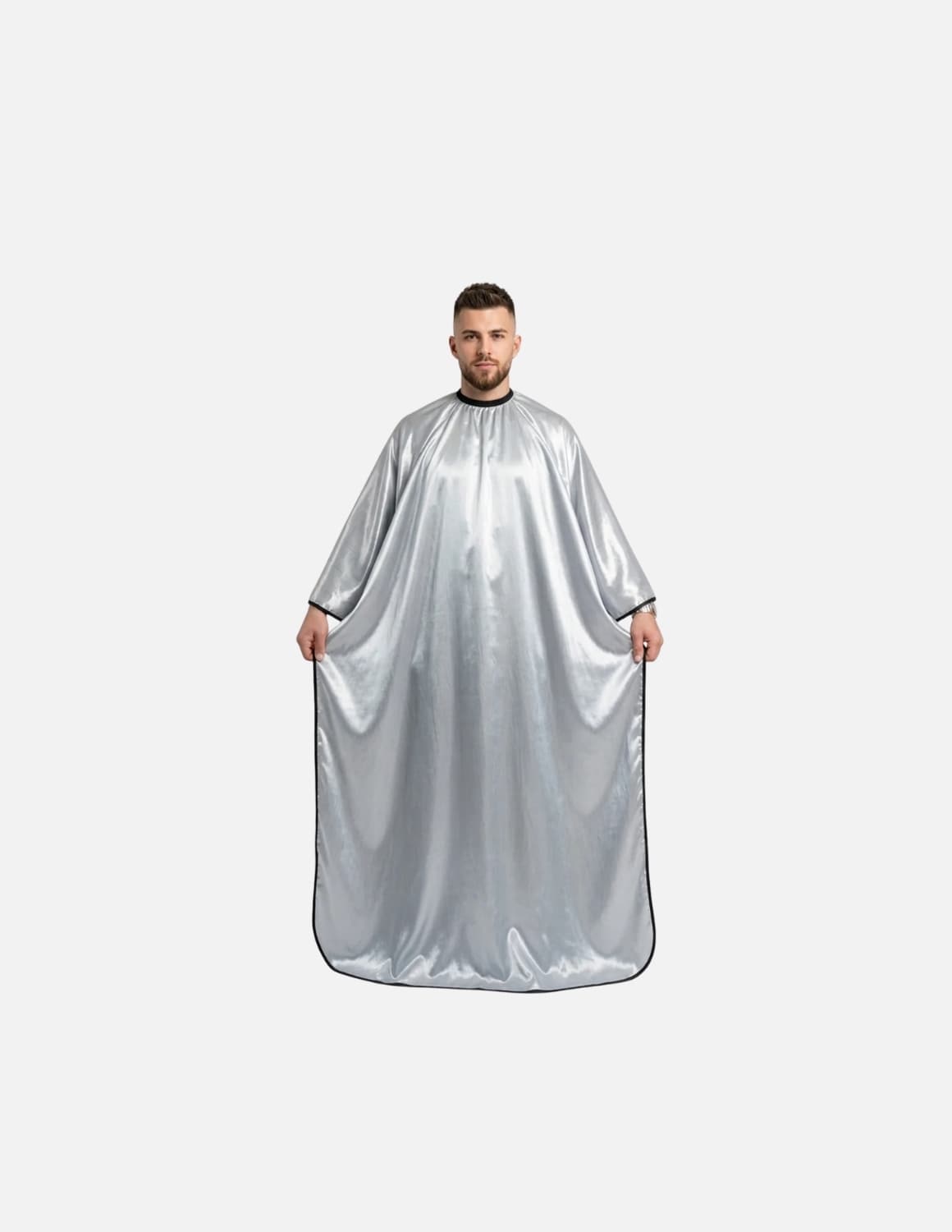 Premium satinbarberkappa med kimono-armöppningar och sidenlook – Utan logotyp | Frisörkappa & satinkappa