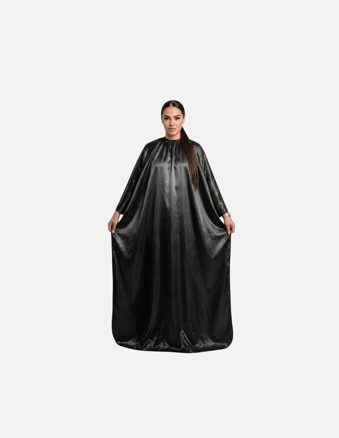 Premium satinbarberkappa med kimono-armöppningar och sidenlook – Utan logotyp | Frisörkappa & satinkappa