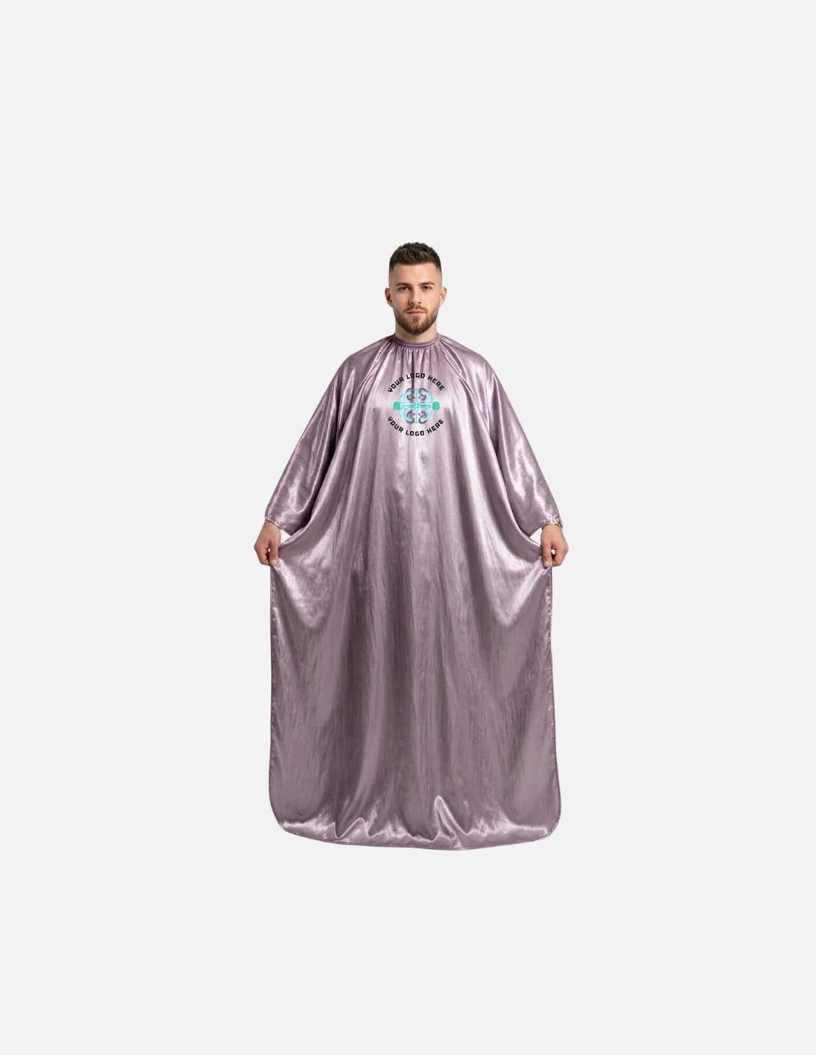 Premium satinbarberkappa med kimono-armöppningar och sidenlook – Broderad med din logotyp | Frisörkappa & satinkappa