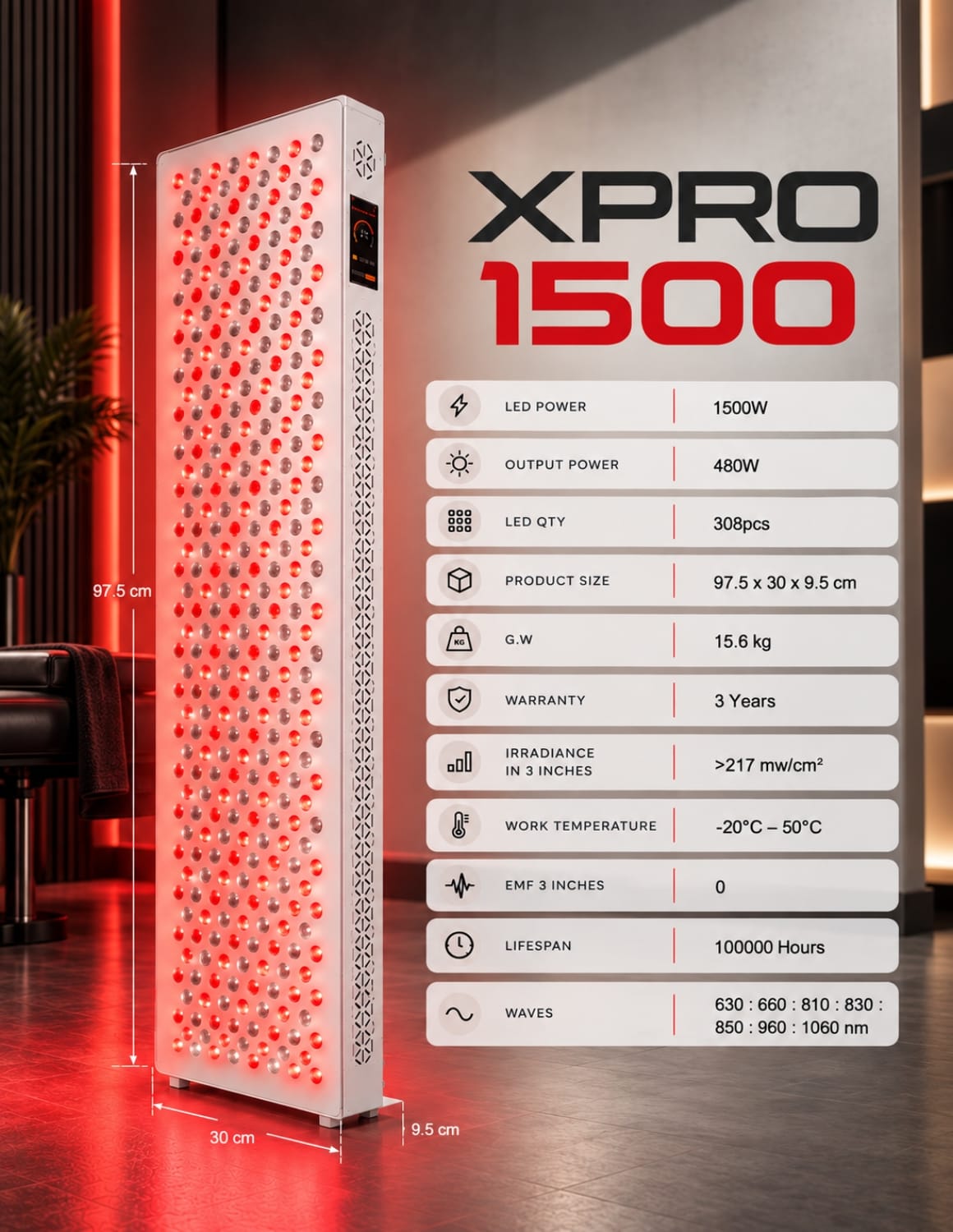 لوحة العلاج بالضوء الأحمر XPRO 1500 مع 7 أطوال موجية وأداء قوي. مثالية للاستوديوهات والمنزل – قدّم خدمات العافية وحقق إيرادات إضافية.
