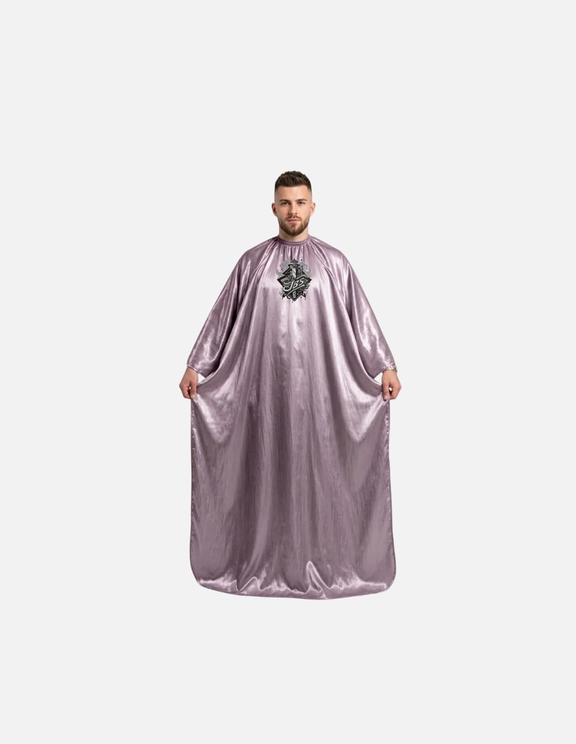 Premium satinbarberkappa med kimono-armöppningar och sidenlook – Broderad med din logotyp | Frisörkappa & satinkappa