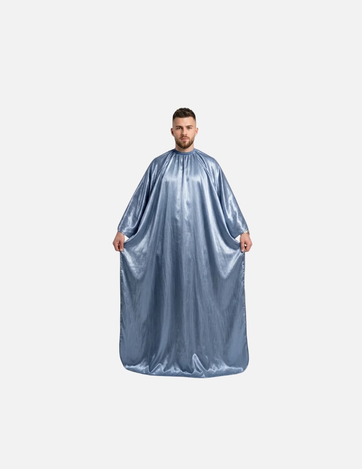 Premium satinbarberkappa med kimono-armöppningar och sidenlook – Utan logotyp | Frisörkappa & satinkappa